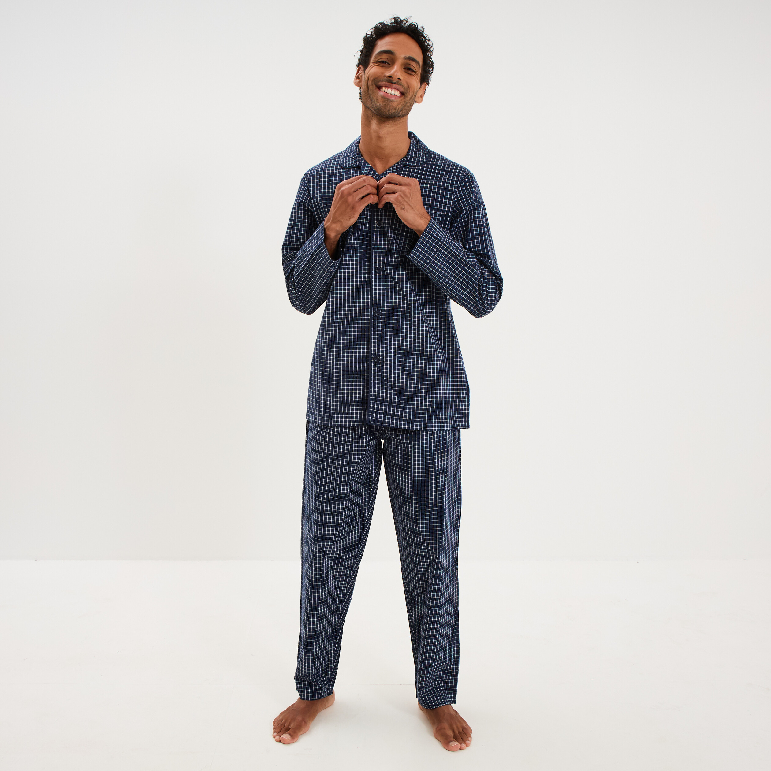Ensemble pyjama chemise et pantalon bleu marine homme
