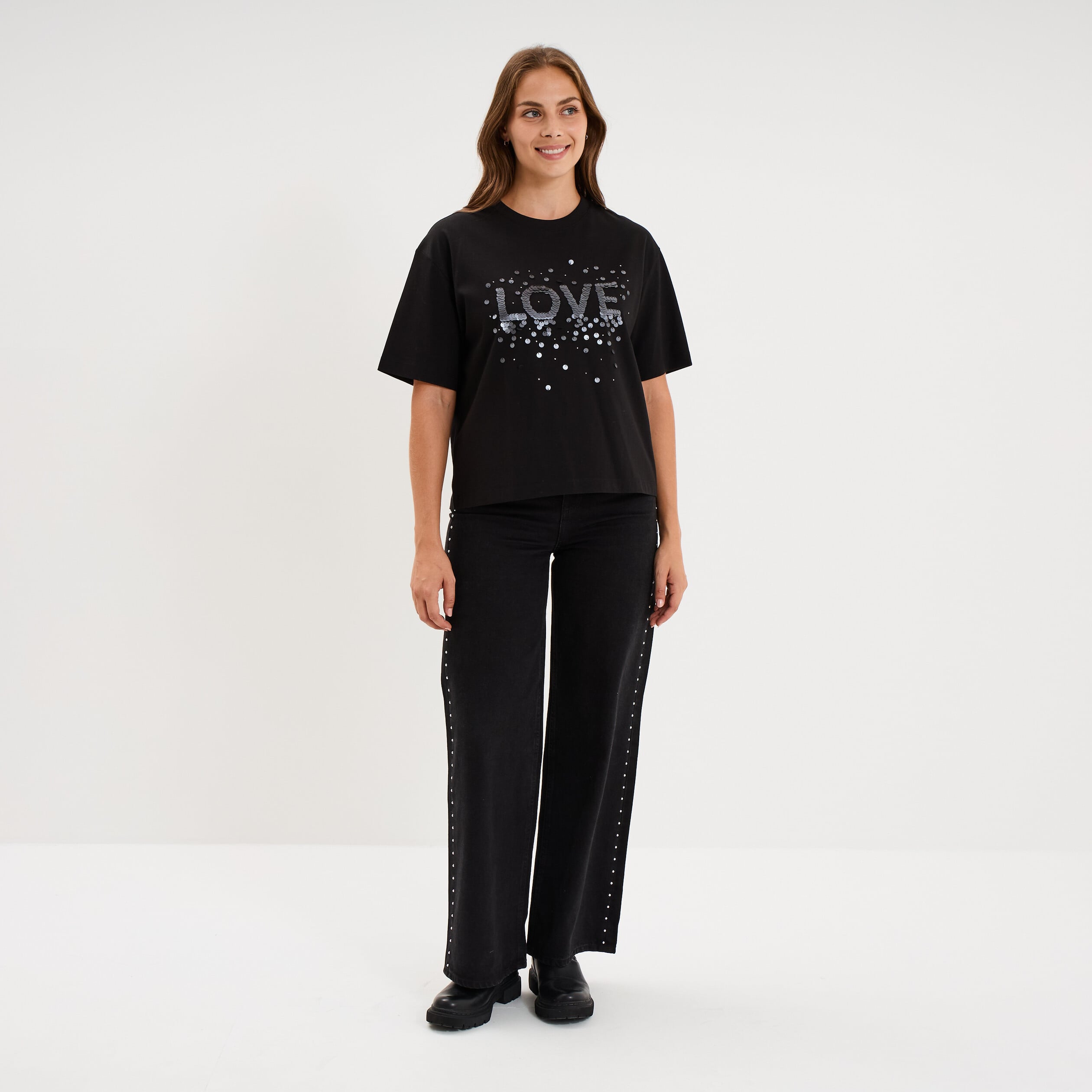 T-shirt oversize &agrave; sequins coton noir femme
