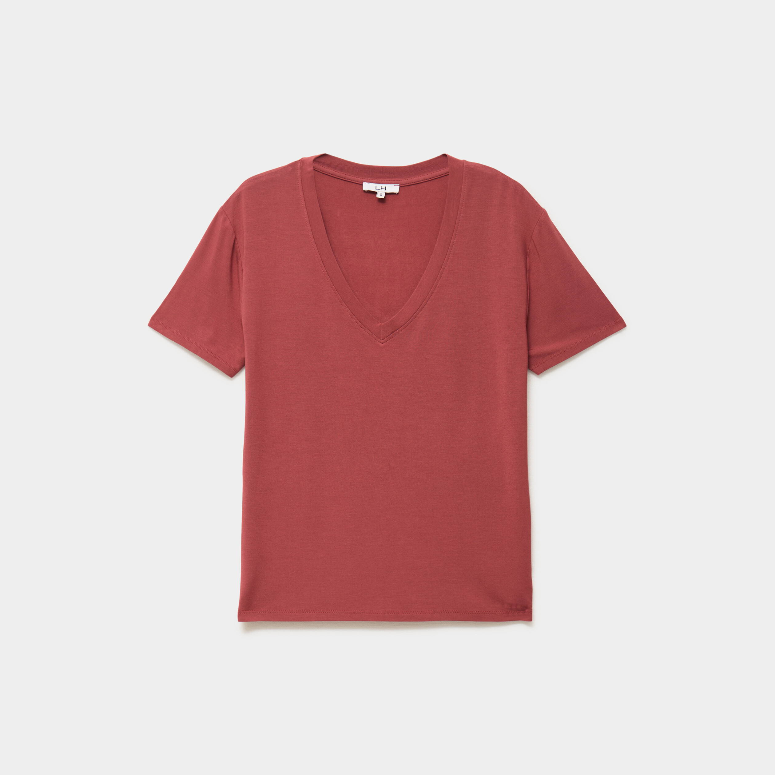 T-shirt fluide col en V manches courtes rouge fonc&eacute; femme