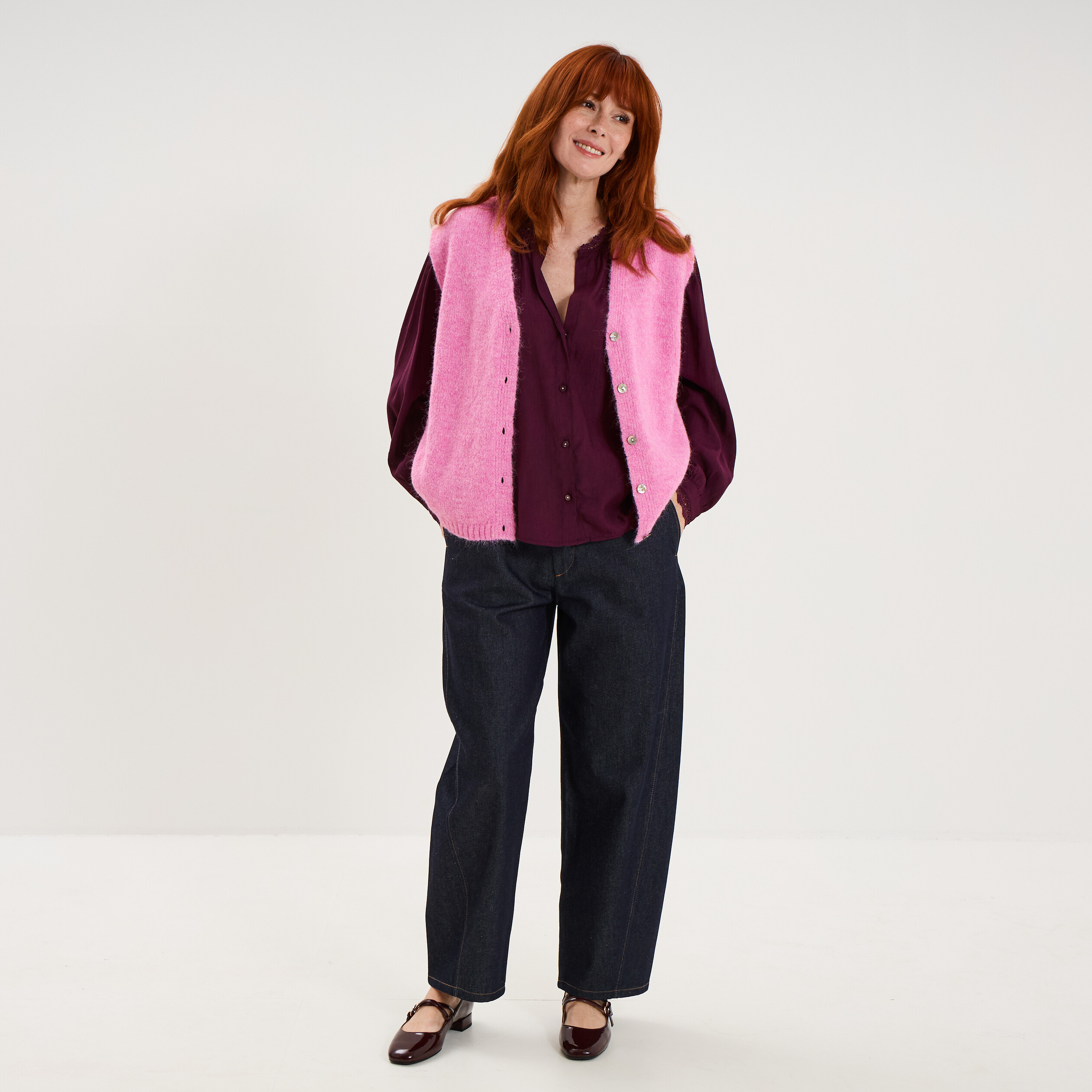 Blouse manches longues col dentelle violet fonc&eacute; femme