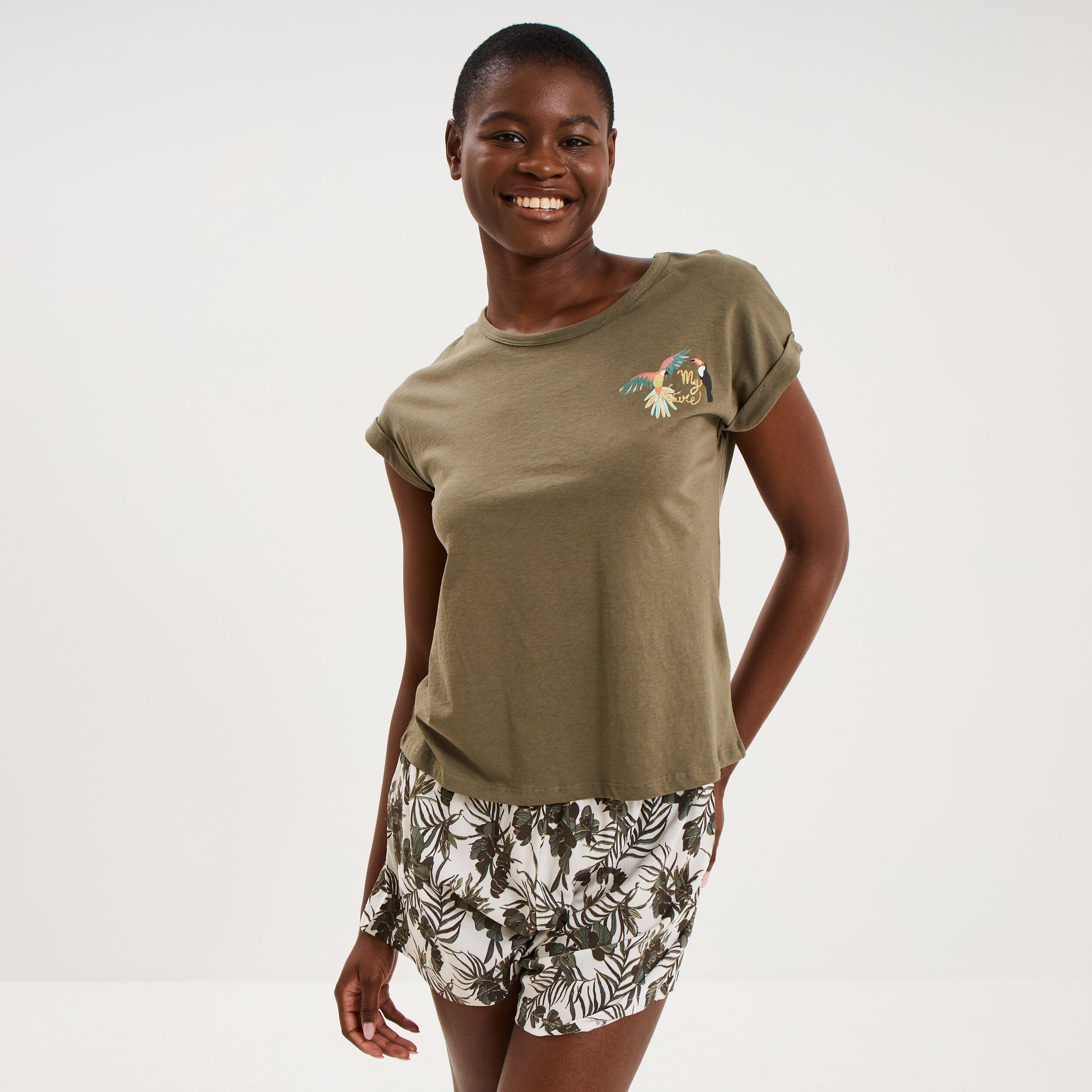 Ensemble pyjama short et t-shirt ecru femme
