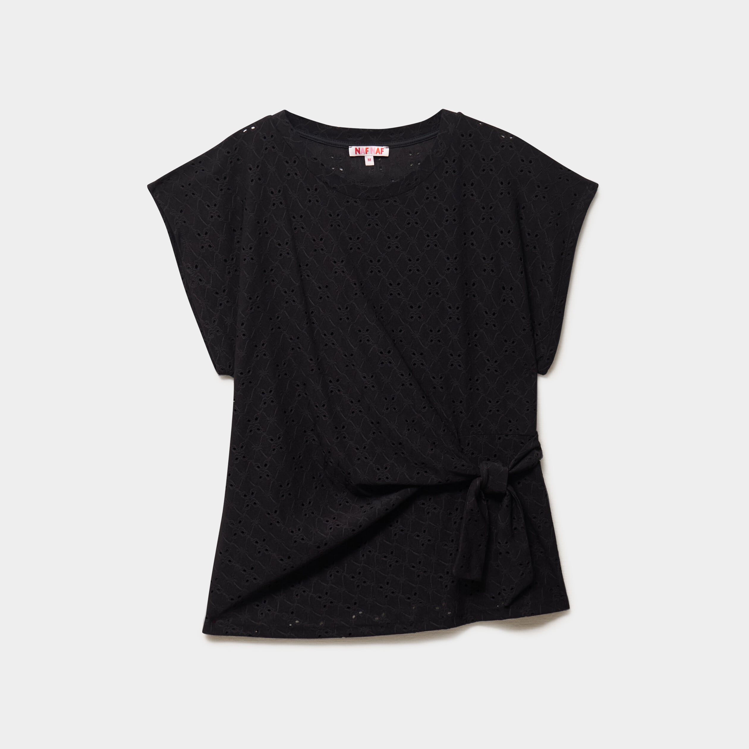 Top broderie anglaise nou&eacute; &agrave; la taille noir femme