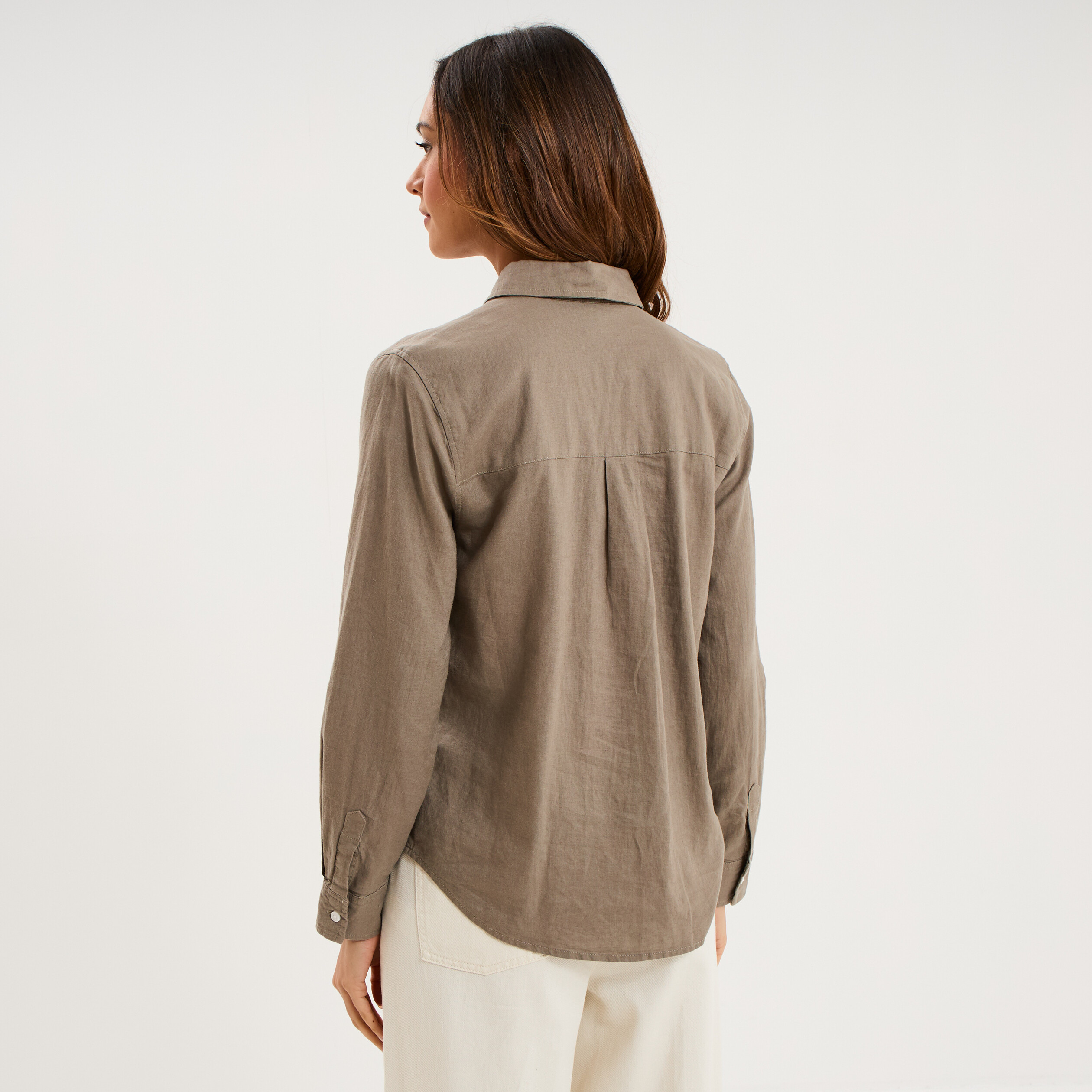Chemise lin m&eacute;lang&eacute; manches longues vert kaki femme