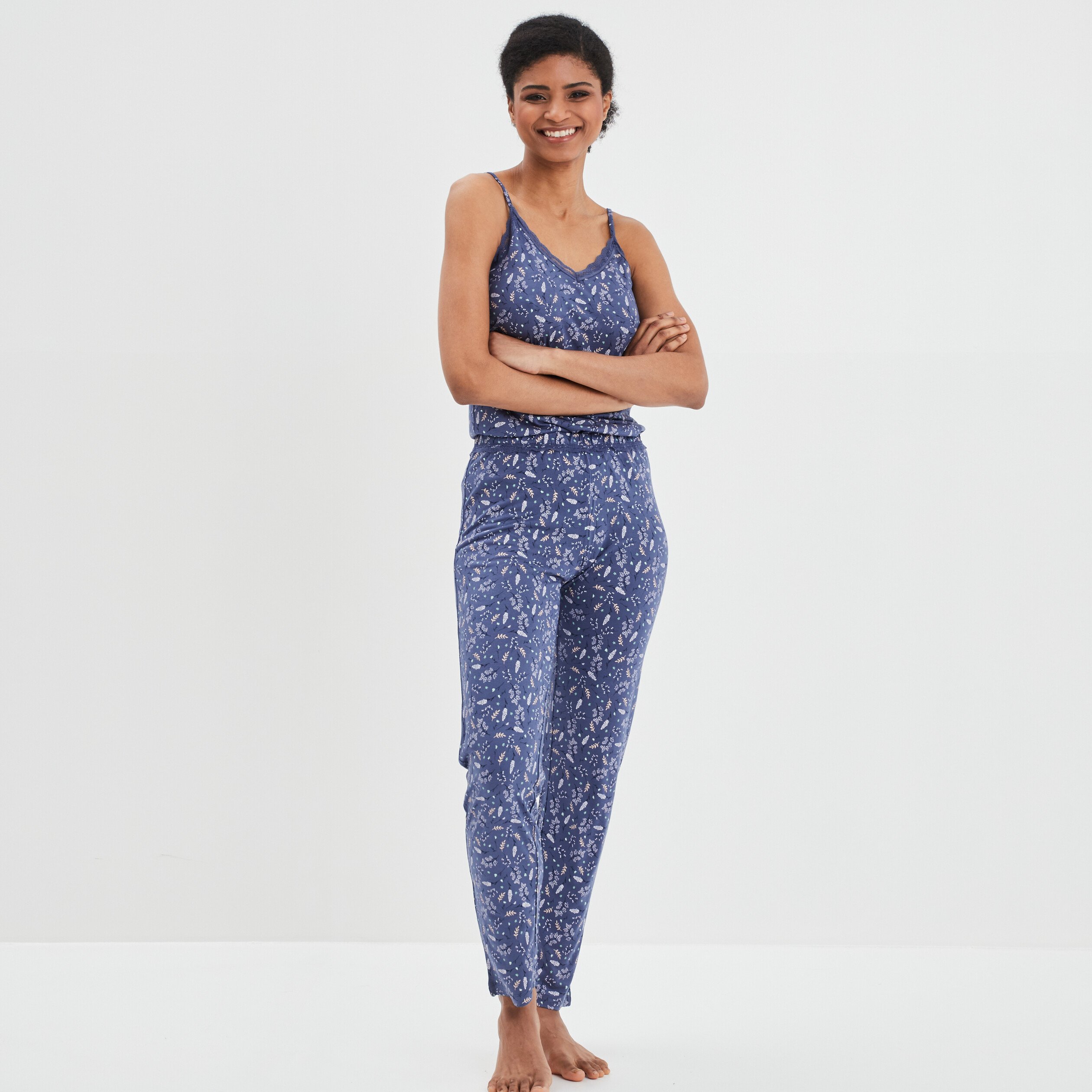 Pantalon pyjama liseré dentelle bleu femme