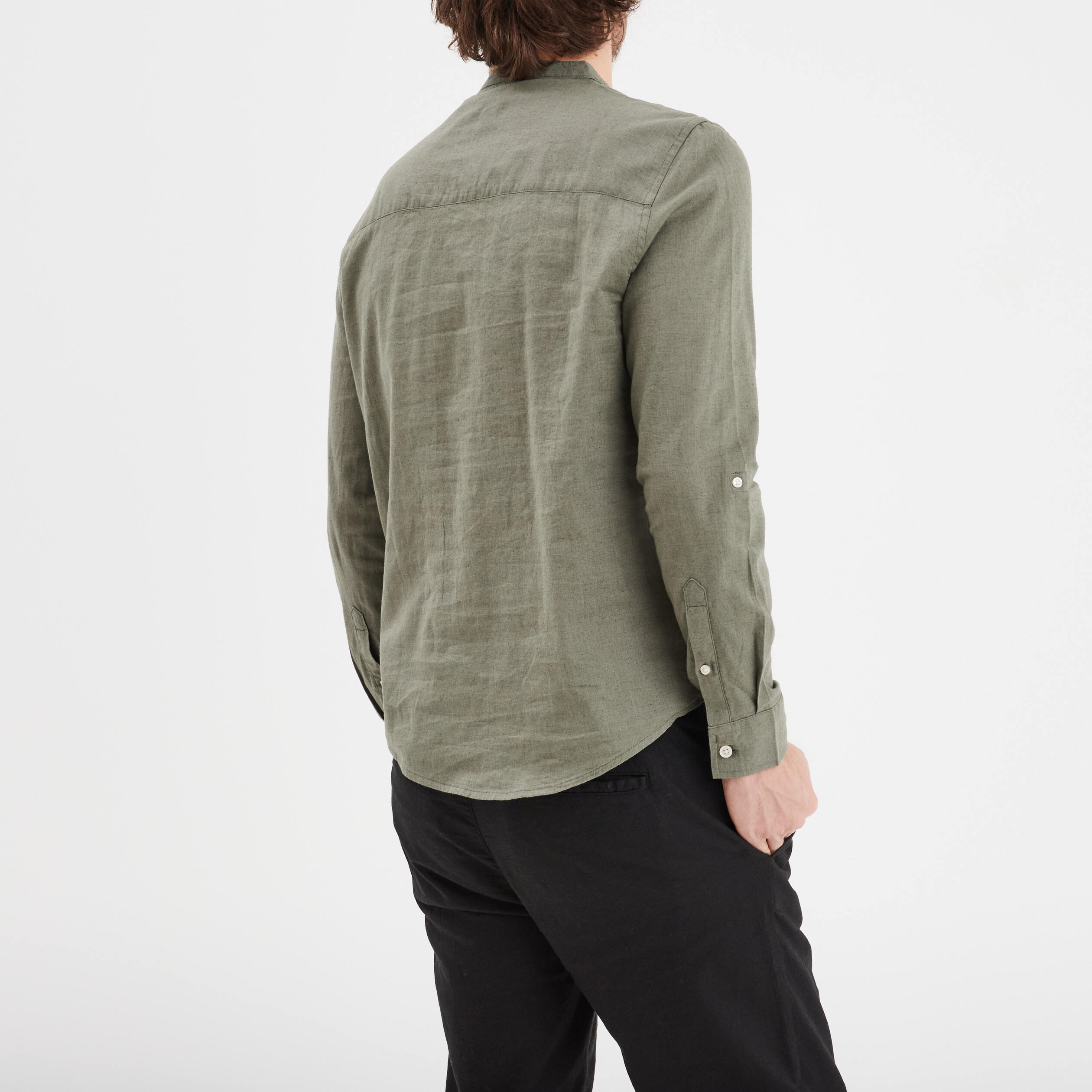chemise col mao lin melange vert kaki homme Chemise col mao lin mélangé vert kaki homme
