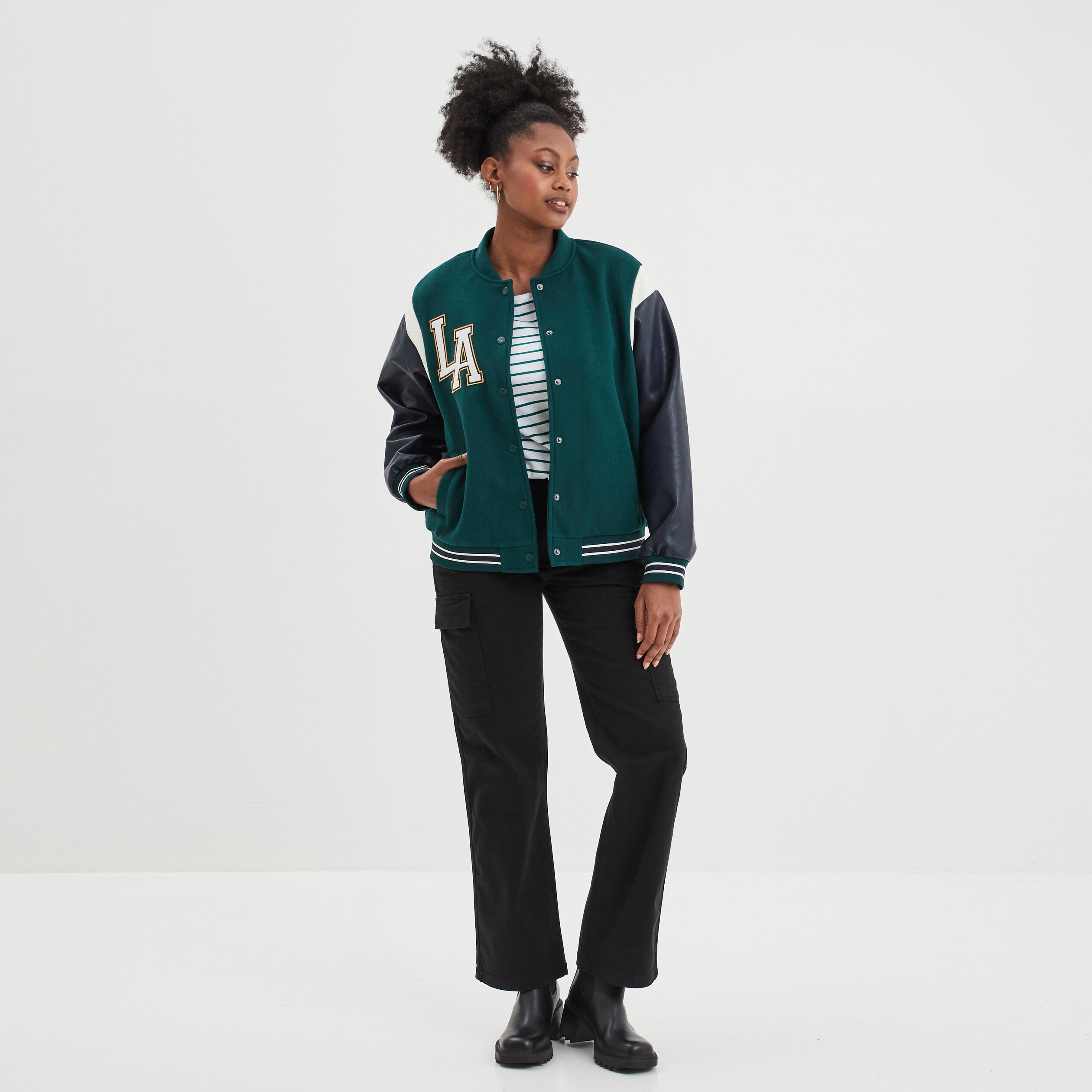 veste teddy manches simili cuir creeks vert emeraude femme Veste teddy manches simili cuir Creeks vert émeraude femme