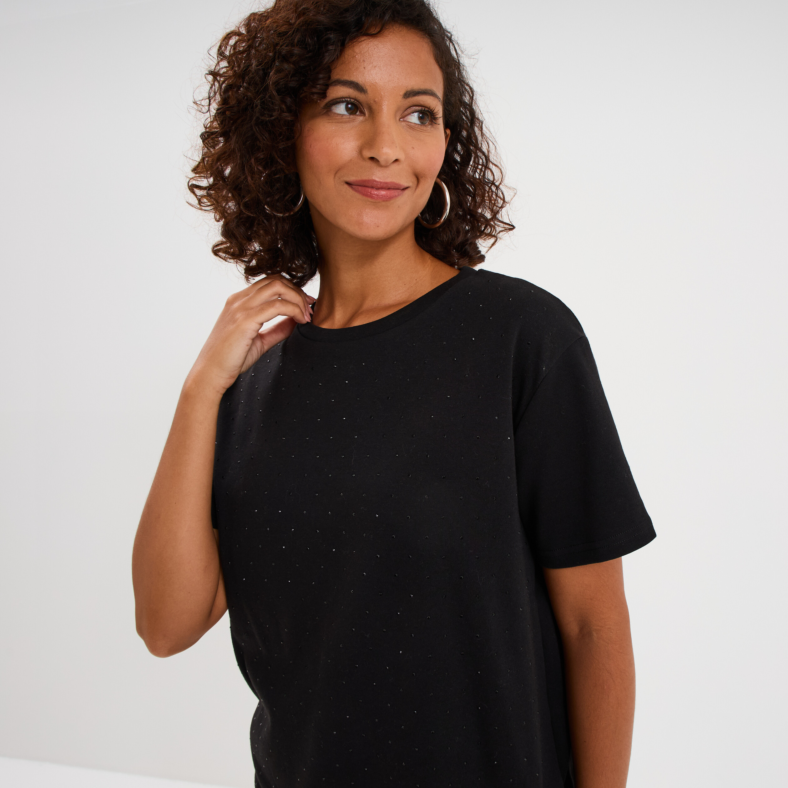 T-shirt &agrave; strass manches courtes coton noir femme
