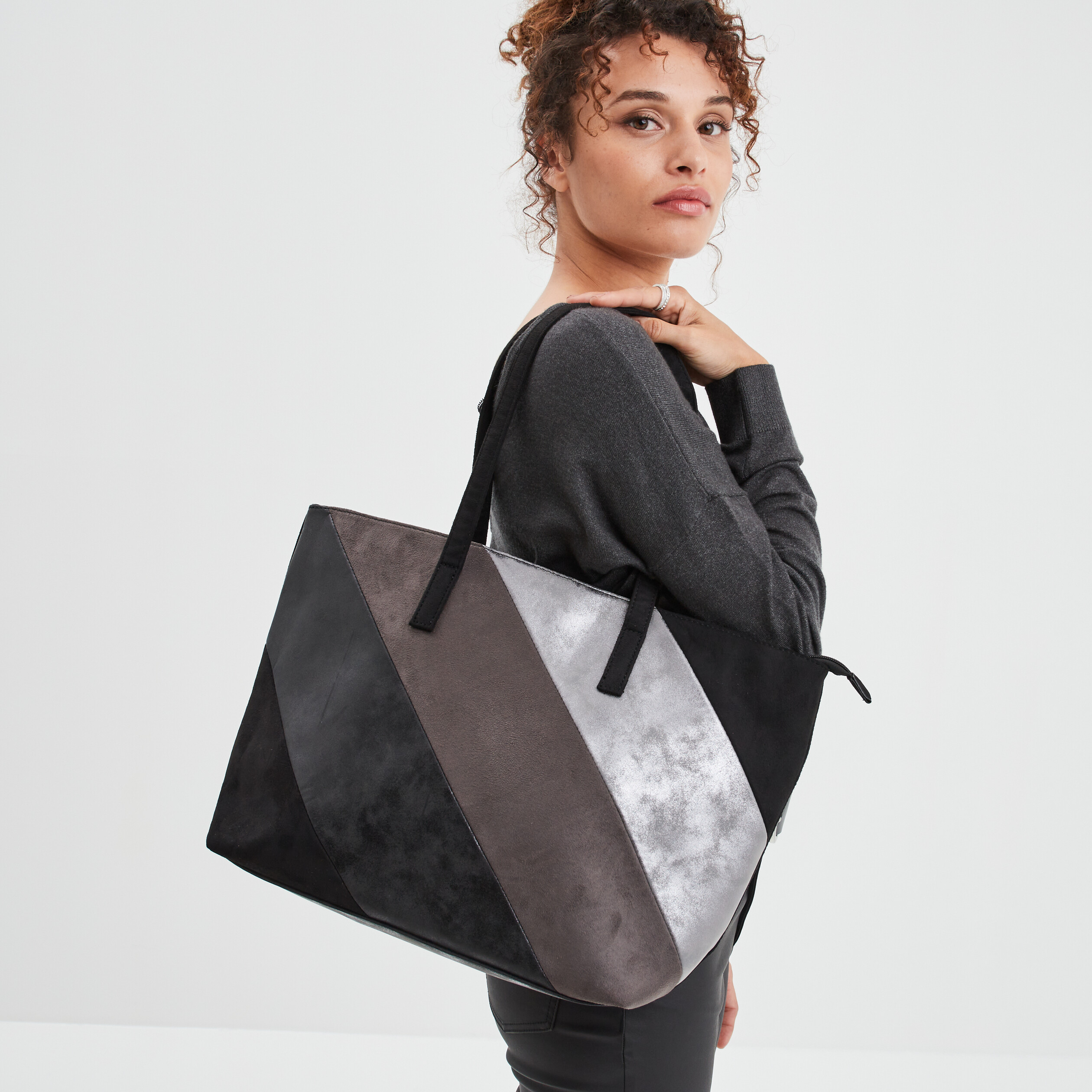 Sac shopper rectangulaire port paule noir femme La Halle