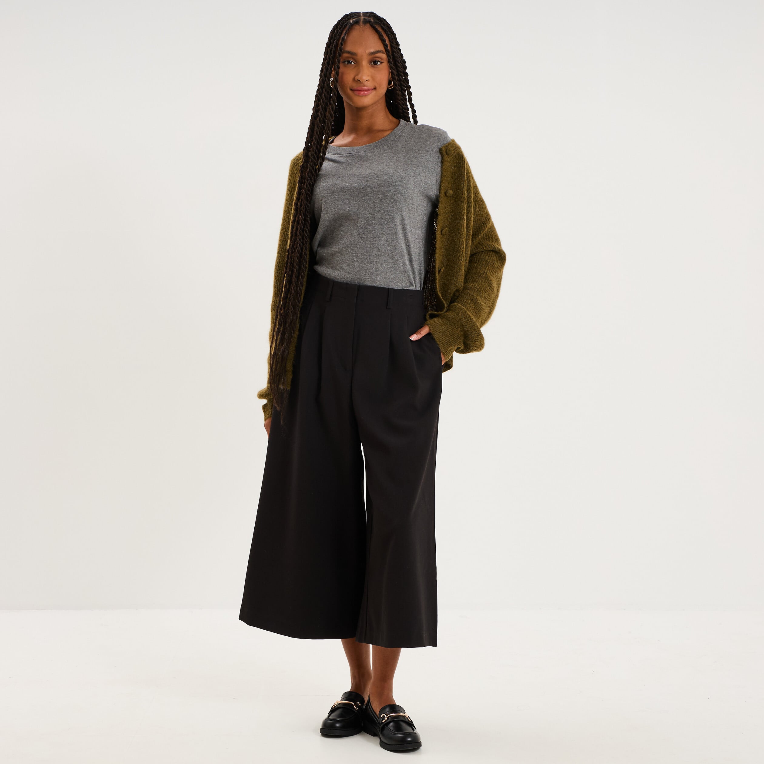 Pantalon culotte large taille haute noir femme