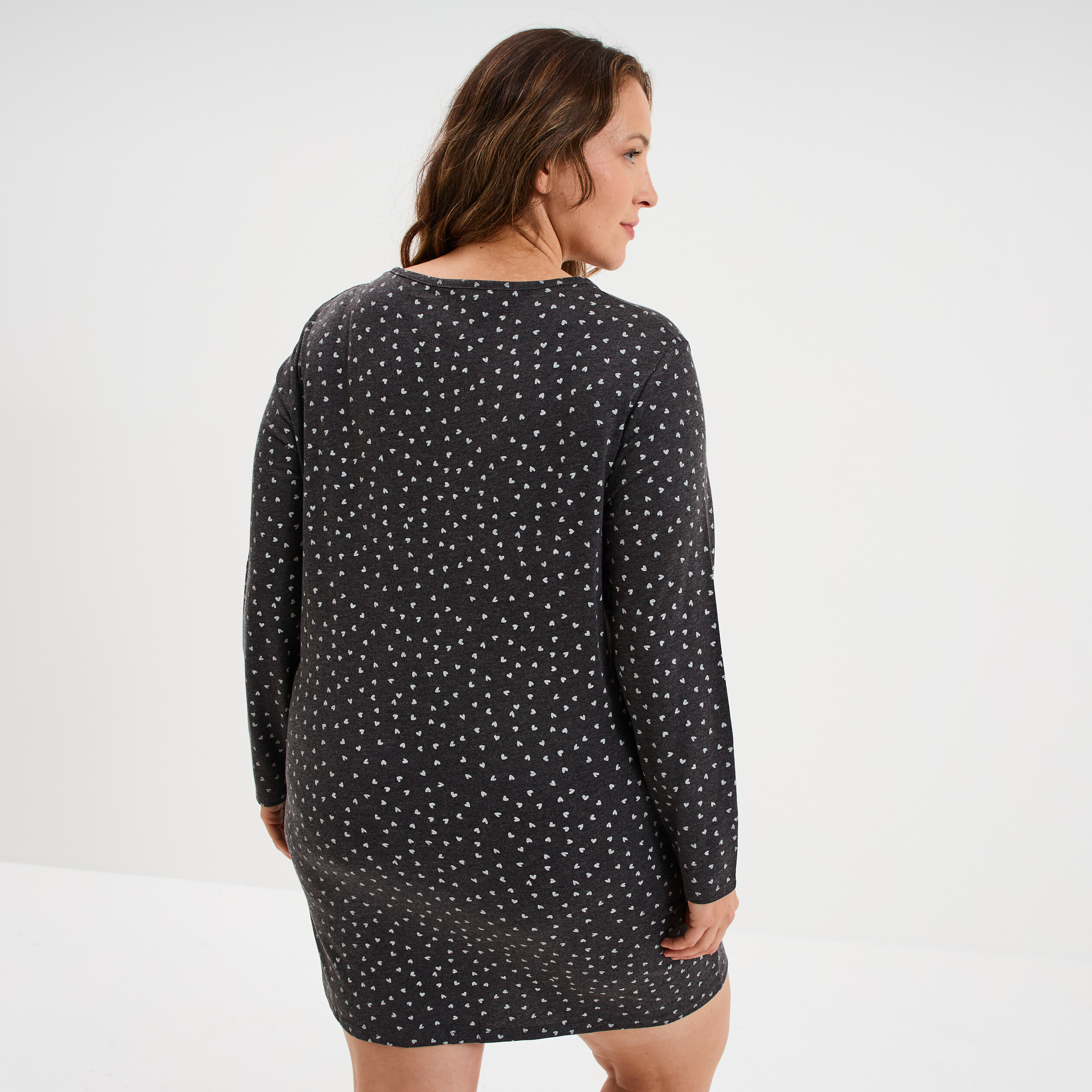 Chemise de nuit manches longues gris fonc&eacute; femme grande taille