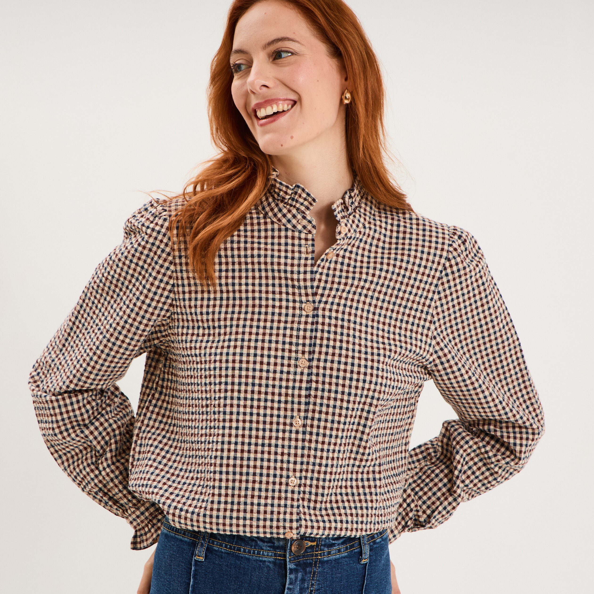 Chemise &agrave; volants manches longues bordeaux femme