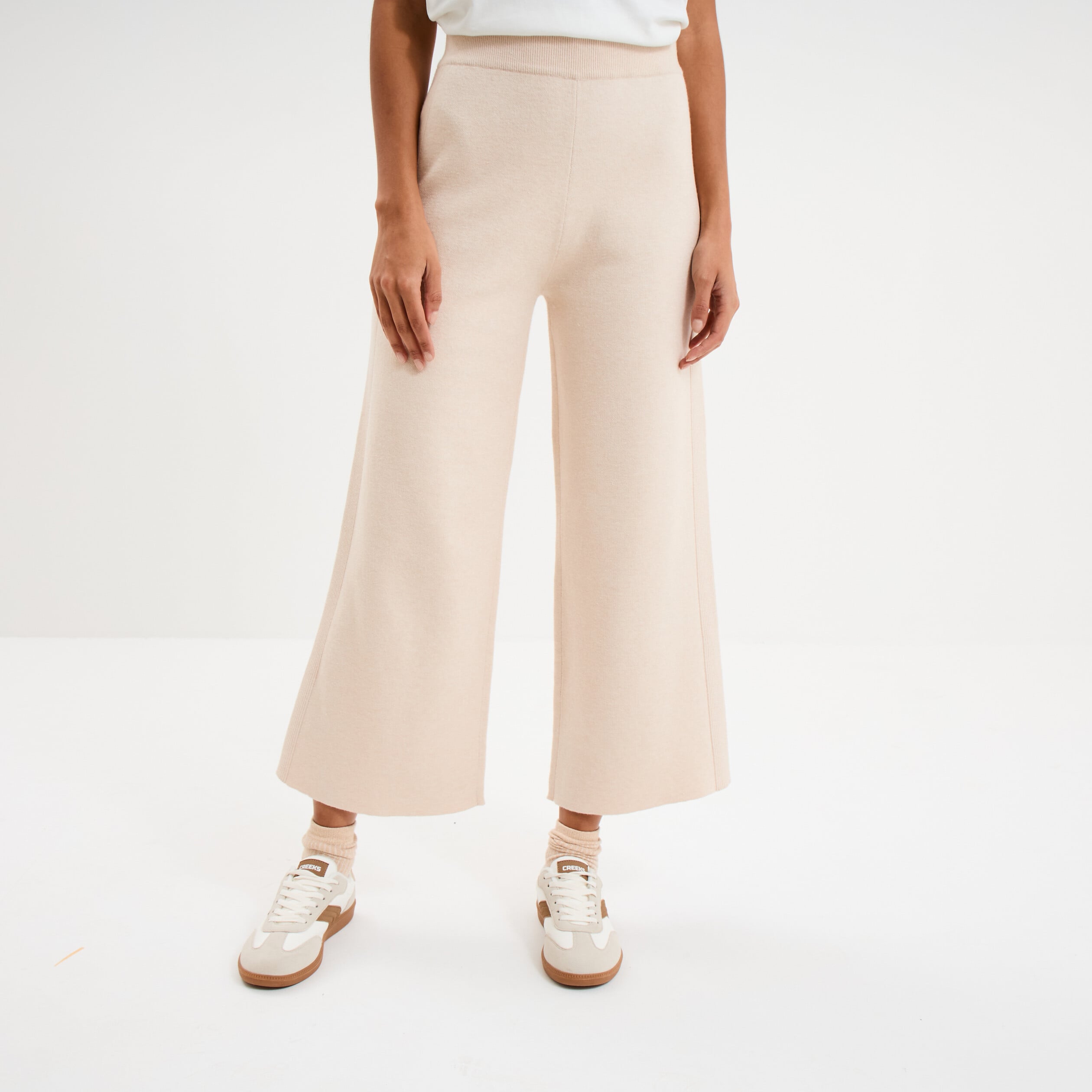 Pantalon tricot taille &eacute;lastiqu&eacute;e beige femme