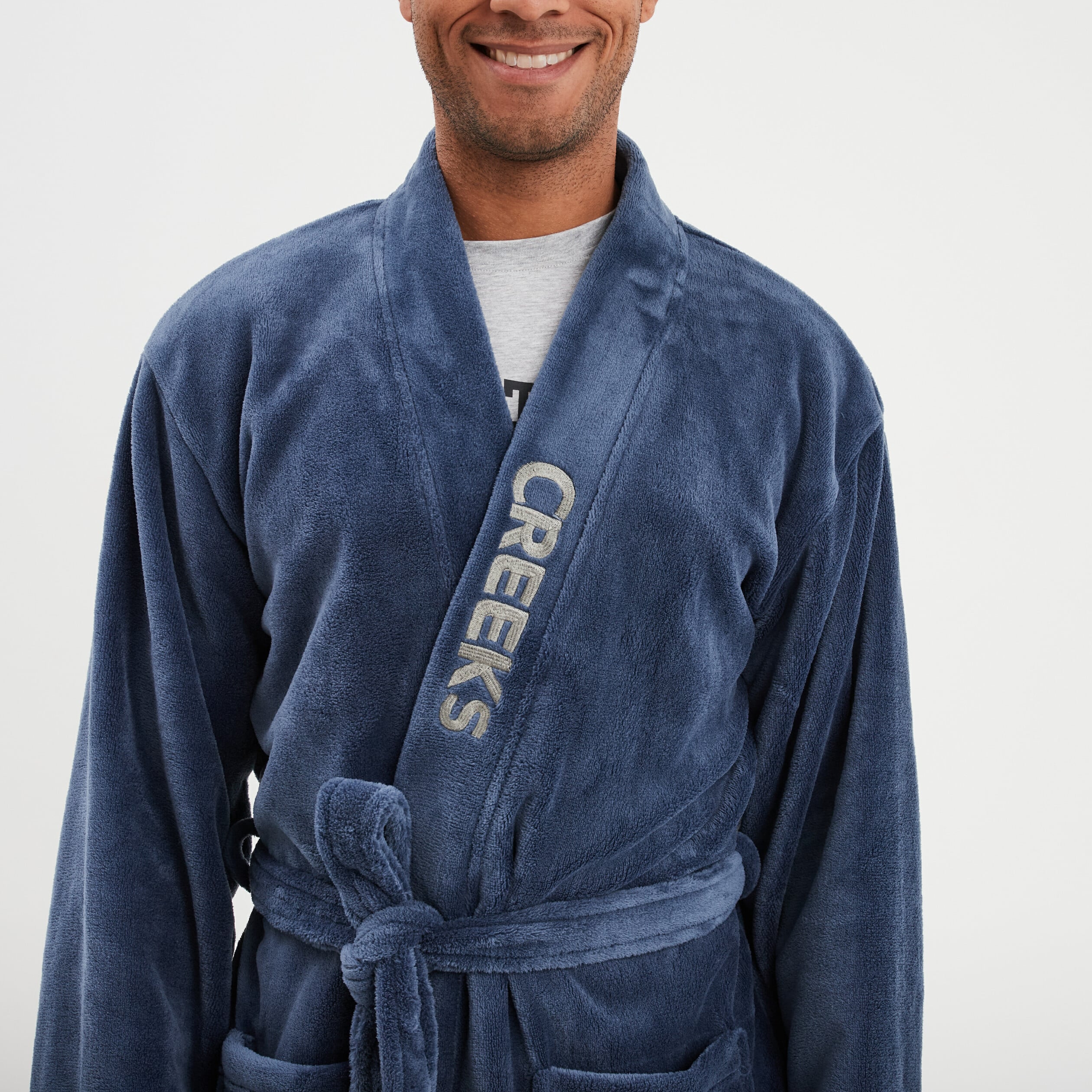 Peignoir effet velours ceintur&eacute; bleu marine homme