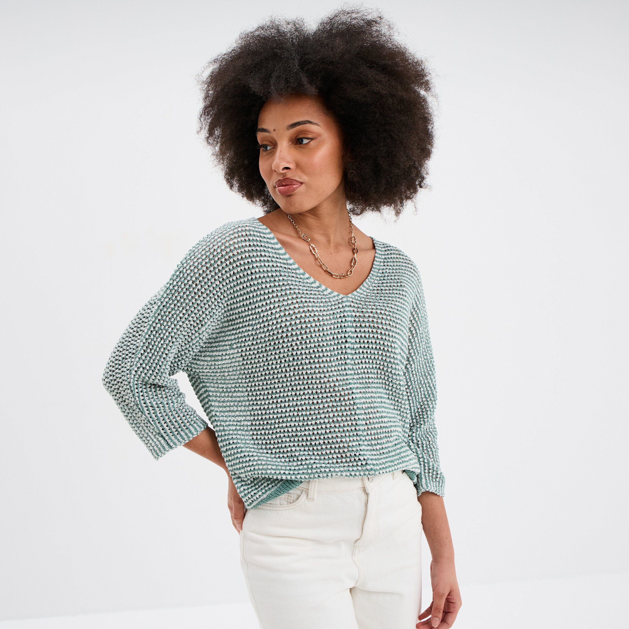 pull ajoure effet crochet manches 34 bleu gris femme Pull ajouré effet crochet manches 3/4 bleu gris femme