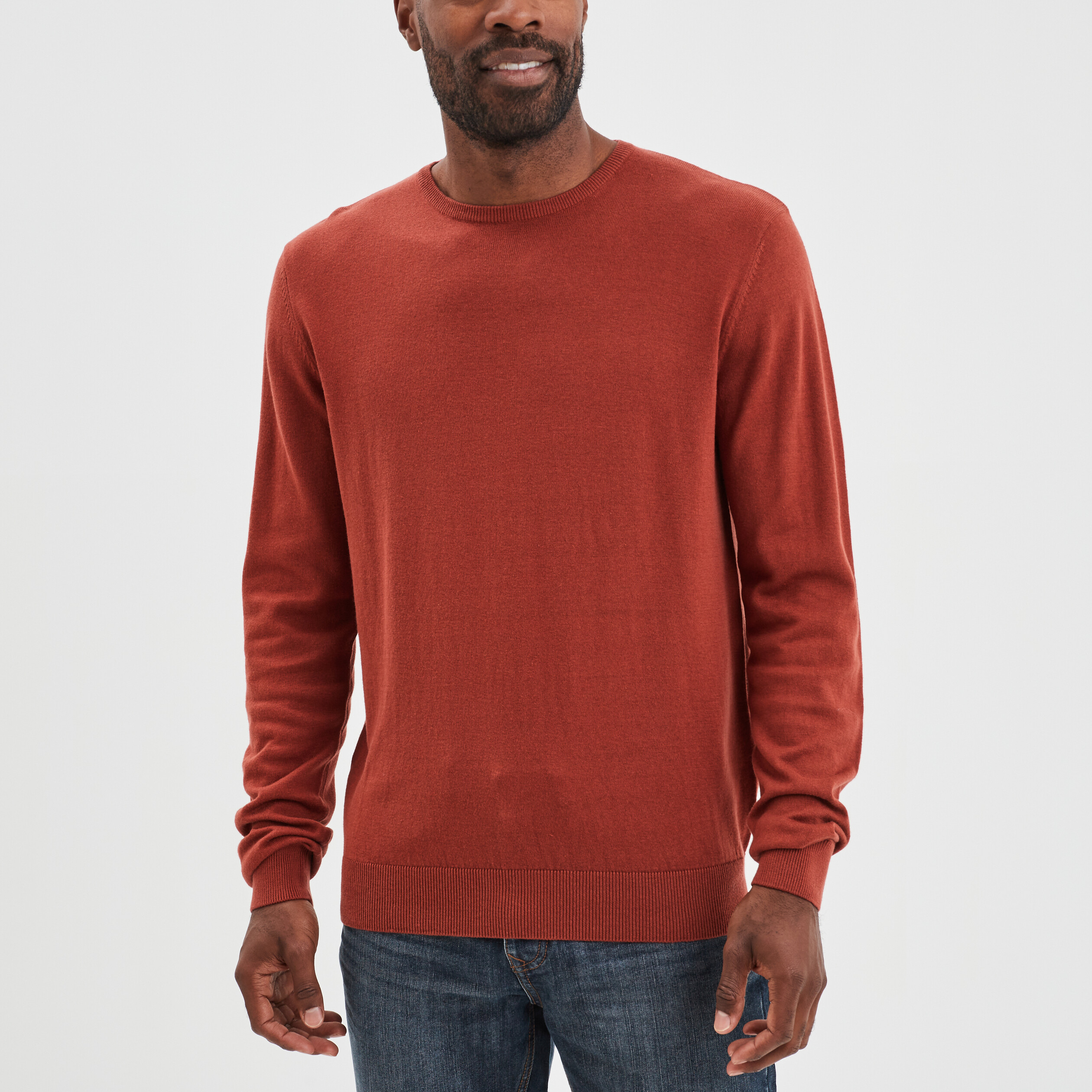 pull droit col rond coton melange marron cognac homme Pull droit col rond coton mélangé marron cognac homme