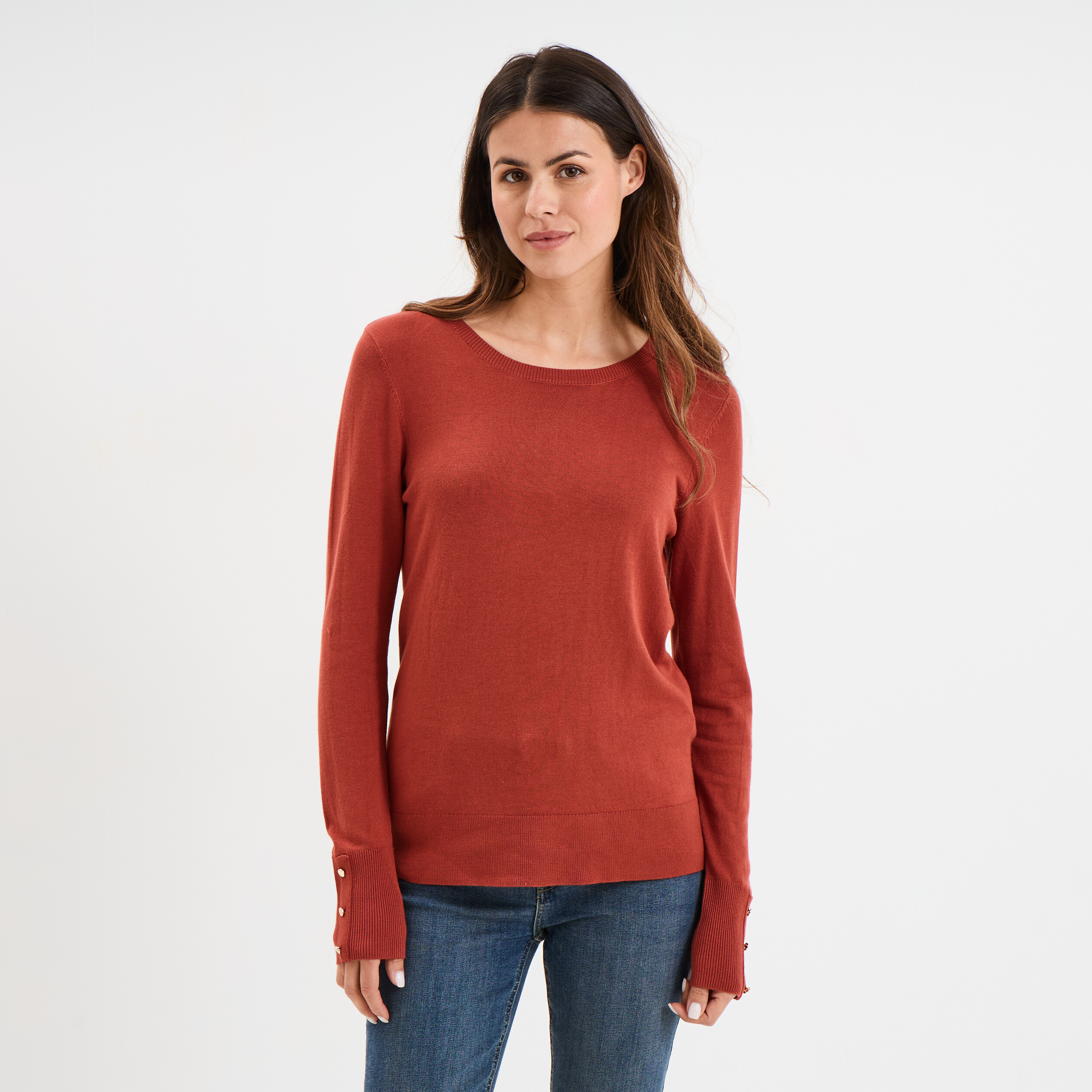 pull col rond boutons aux poignets vieux rose femme Pull col rond boutons aux poignets vieux rose femme