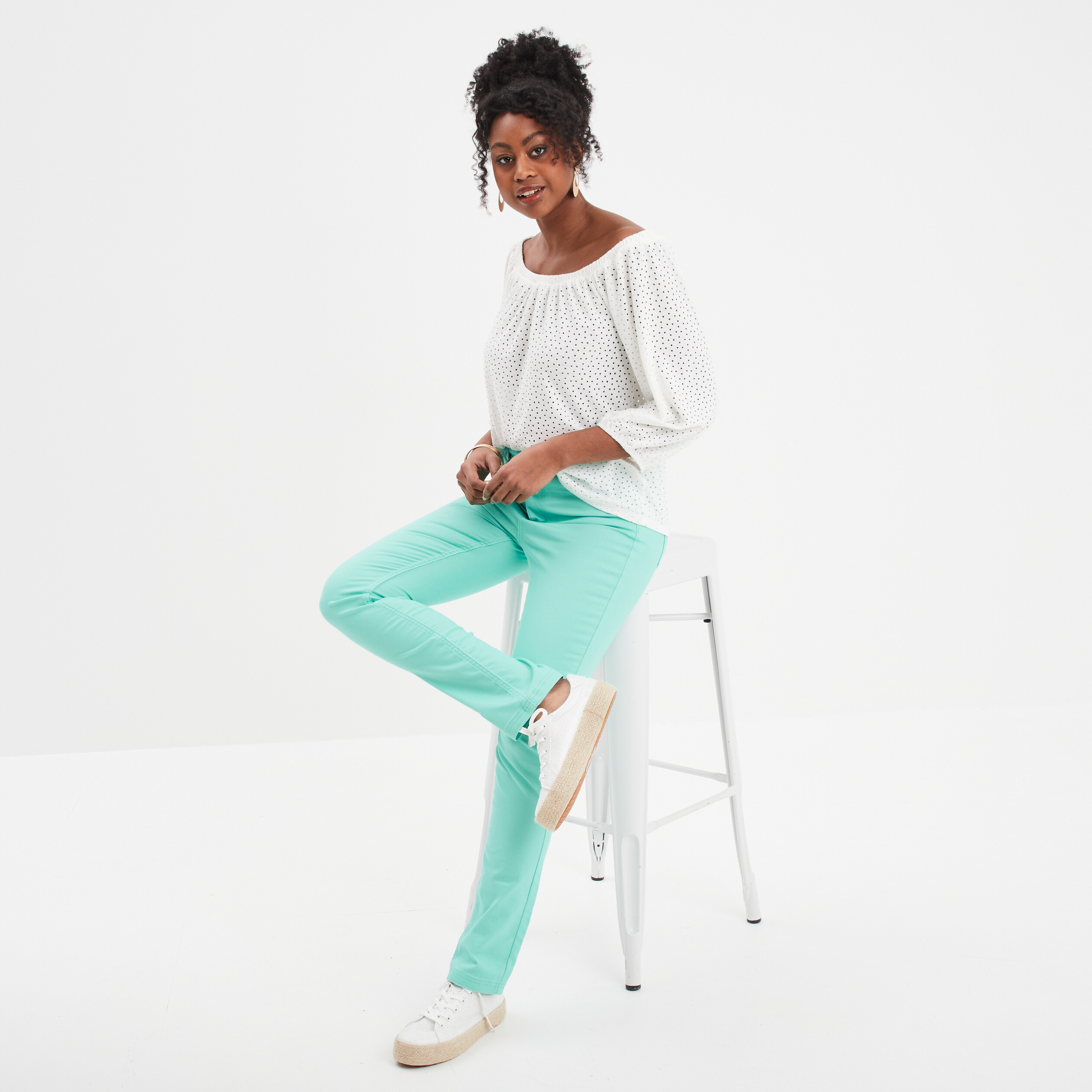 Pantalon slim taille basse 5 poches bleu turquoise femme La Halle
