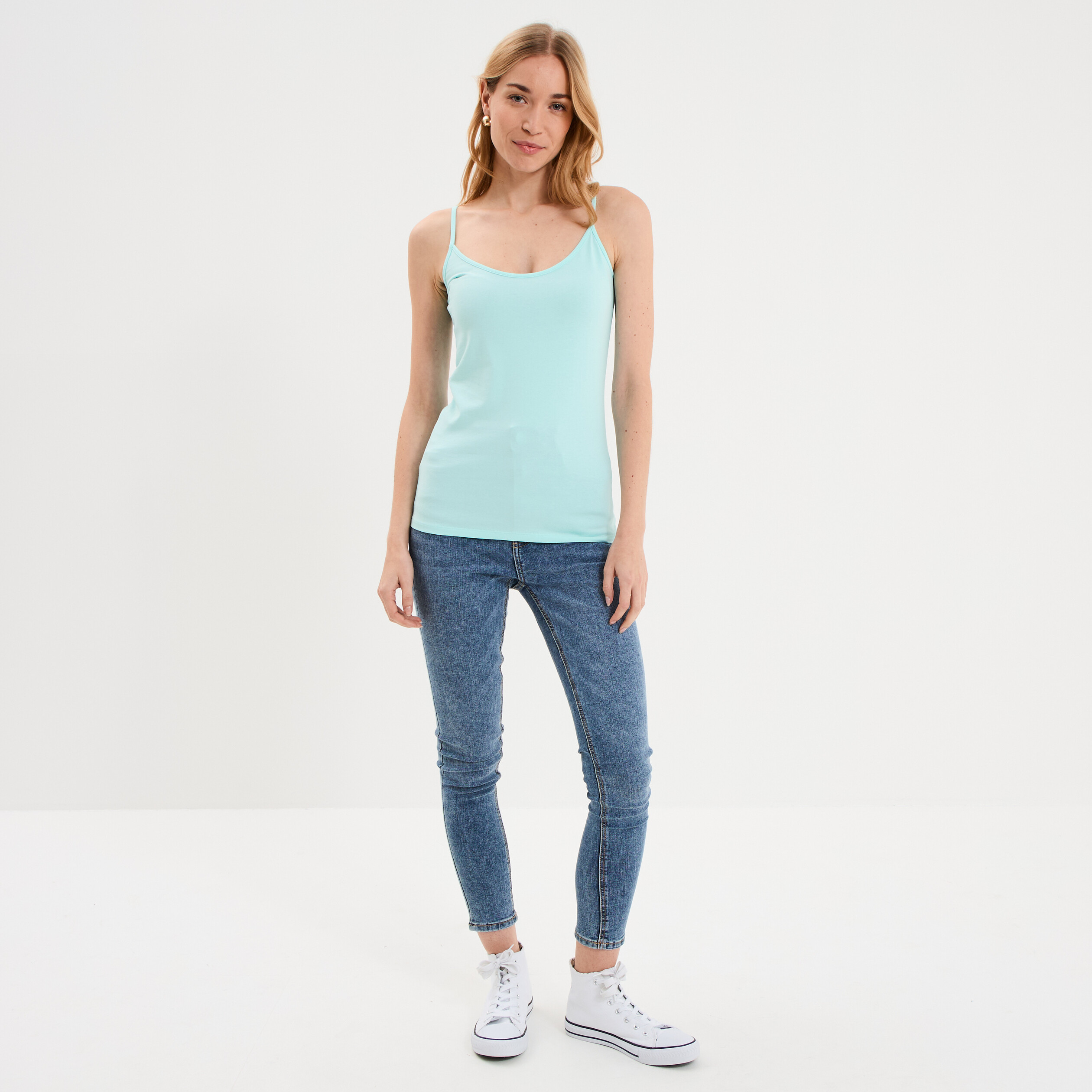 D&eacute;bardeur coton bretelles r&eacute;glables bleu turquoise femme