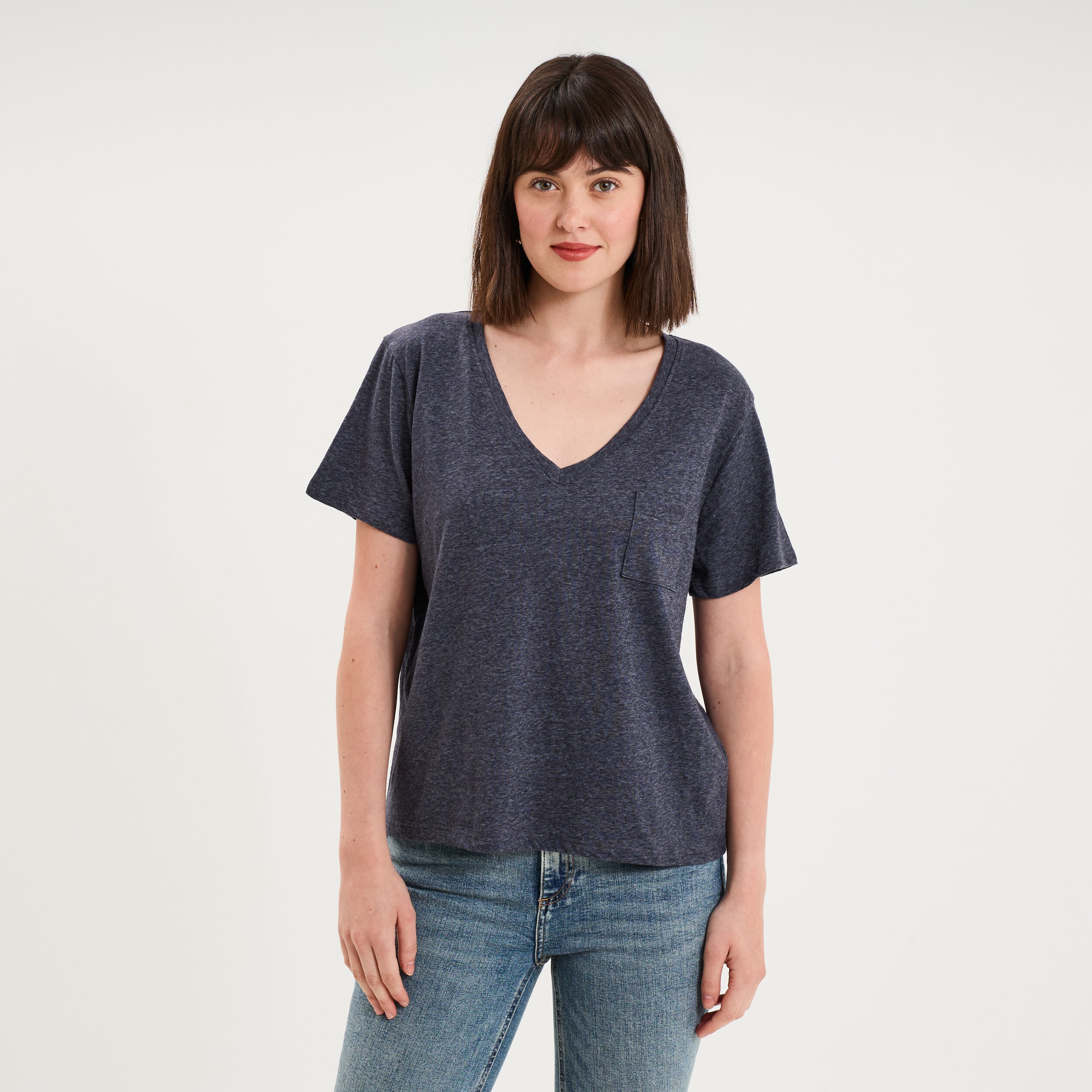 T-shirt col en V manches courtes bleu marine femme