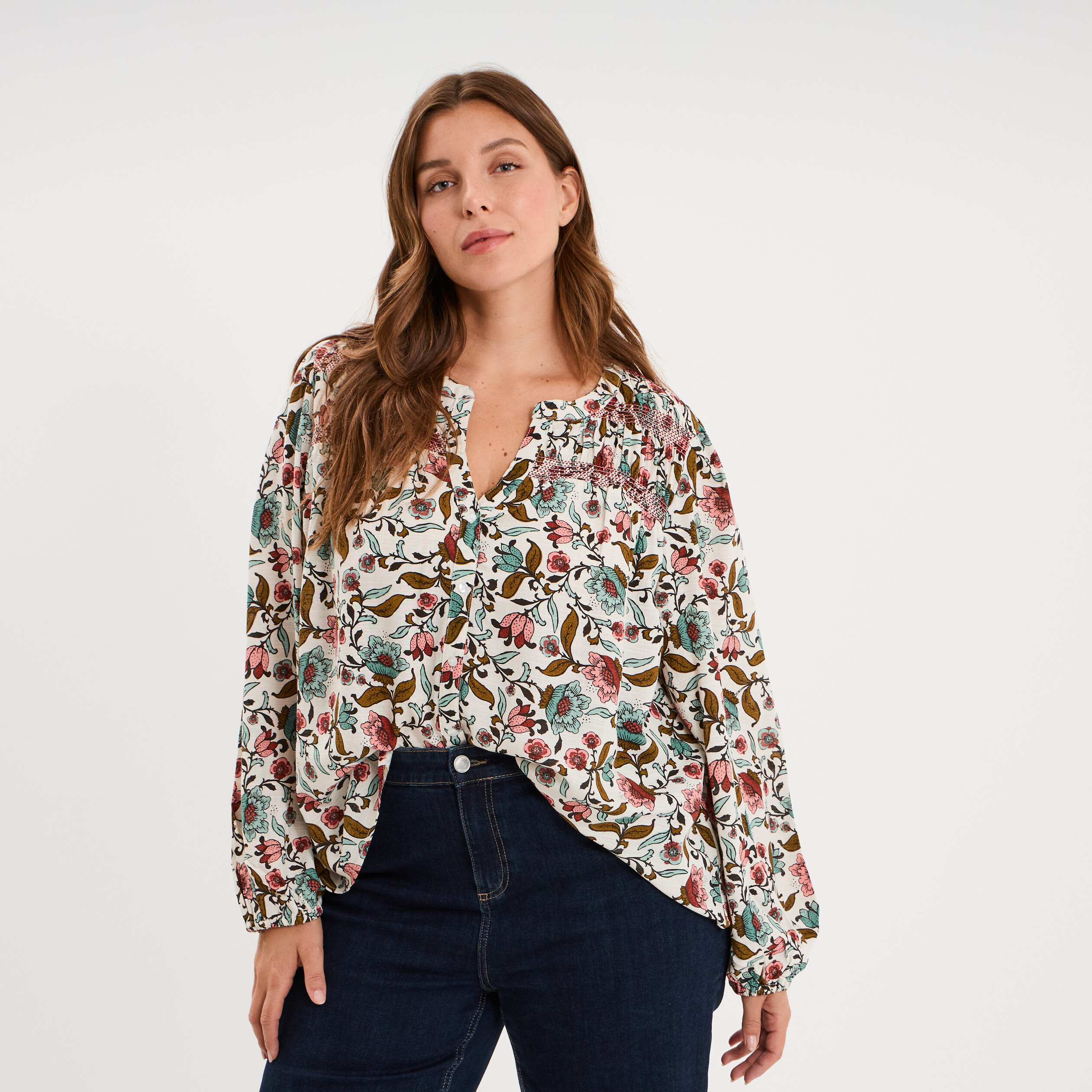 Blouse fluide col V manches longues multicolore femme grande taille