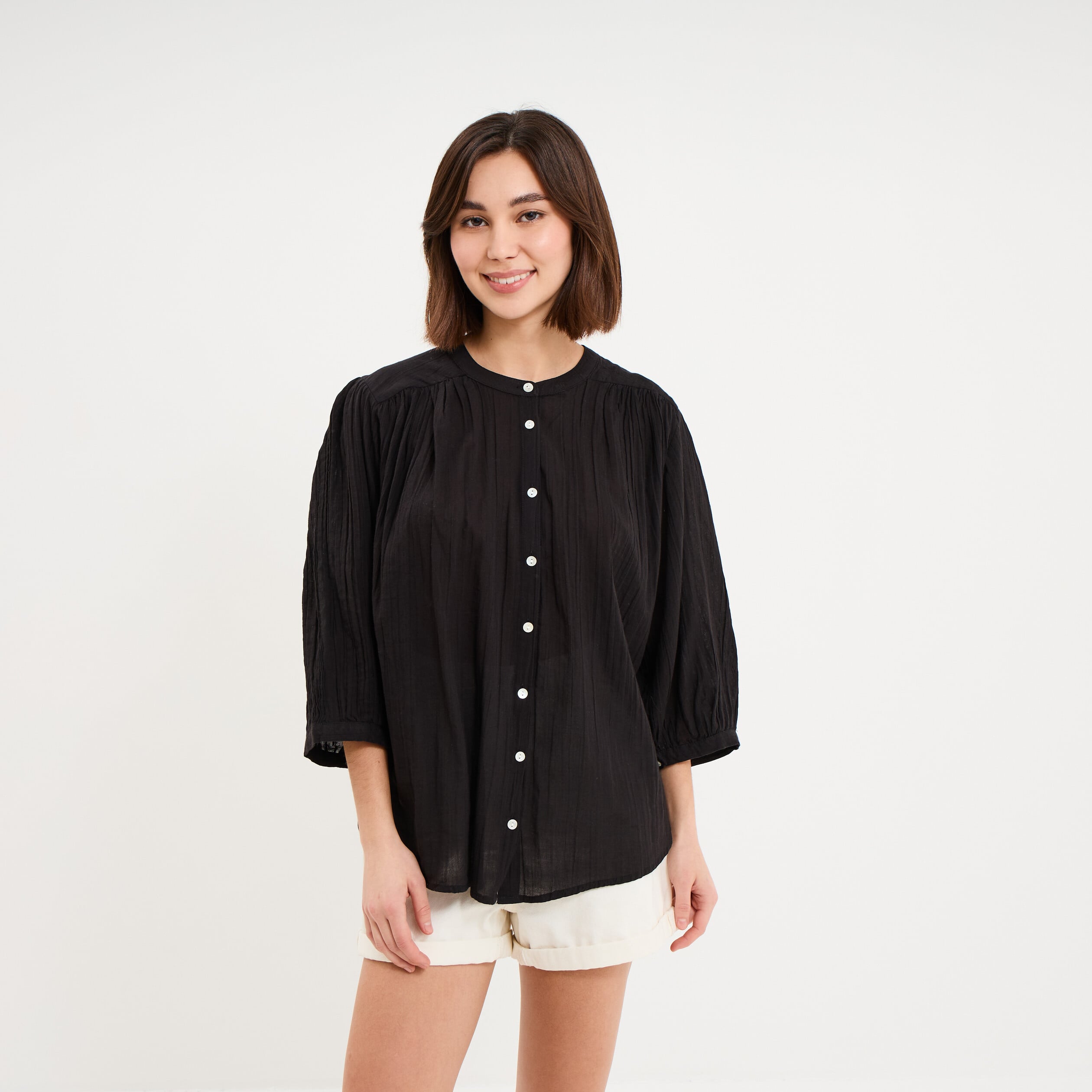 Blouse fluide oversize manches 3/4 coton noir femme