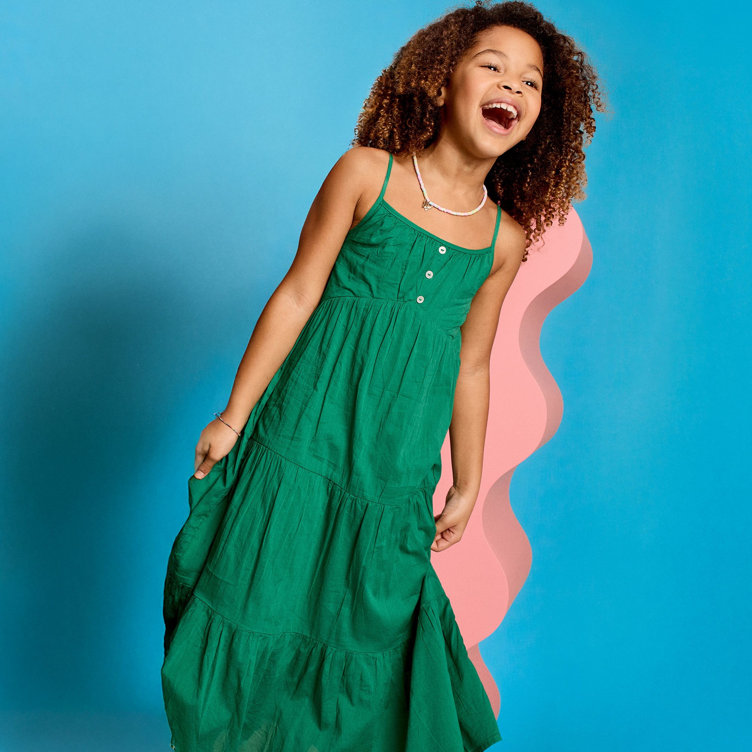 Robe longue &agrave; volants et bretelles coton vert canard fille