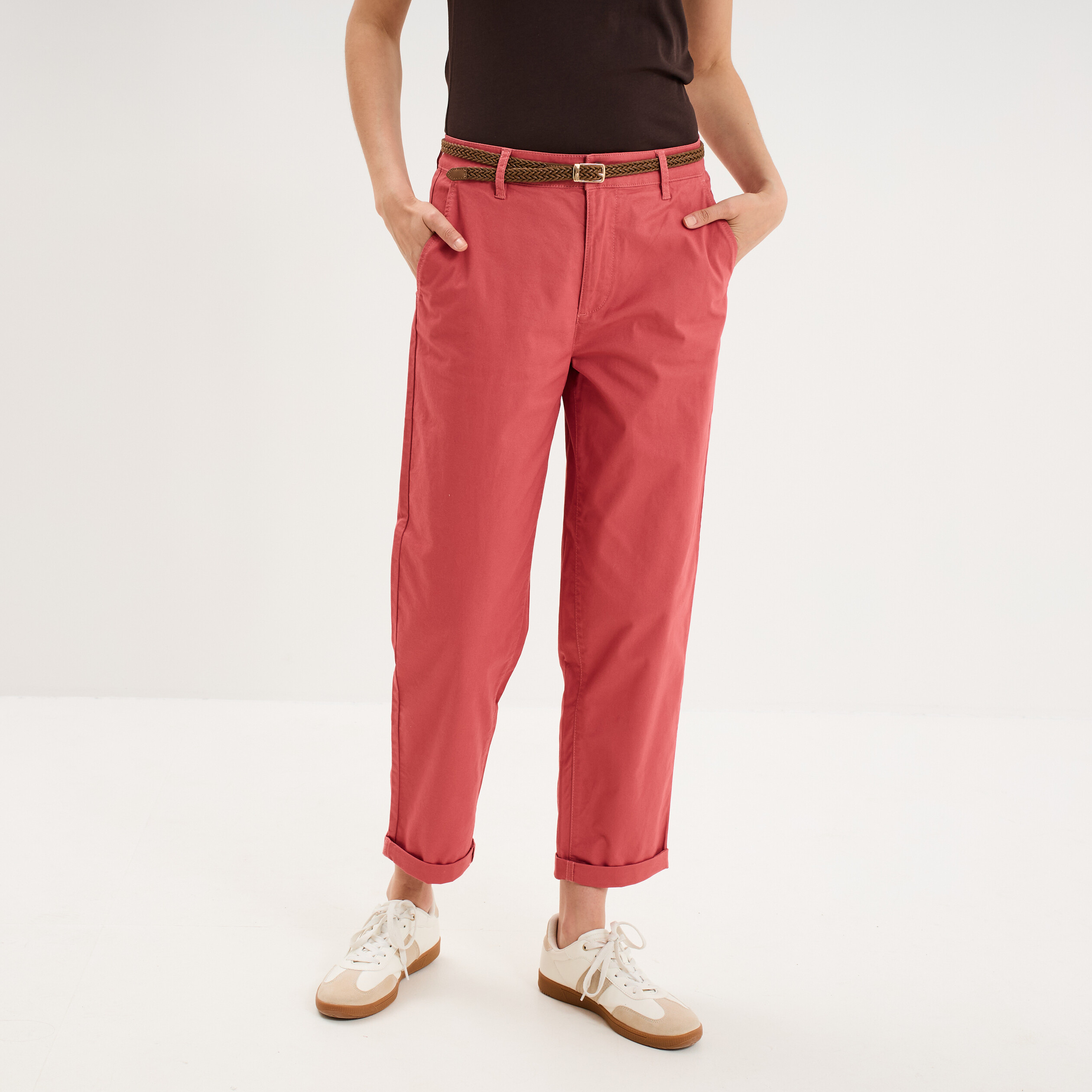 Pantalon chino regular ceinture tress&eacute;e vieux rose femme