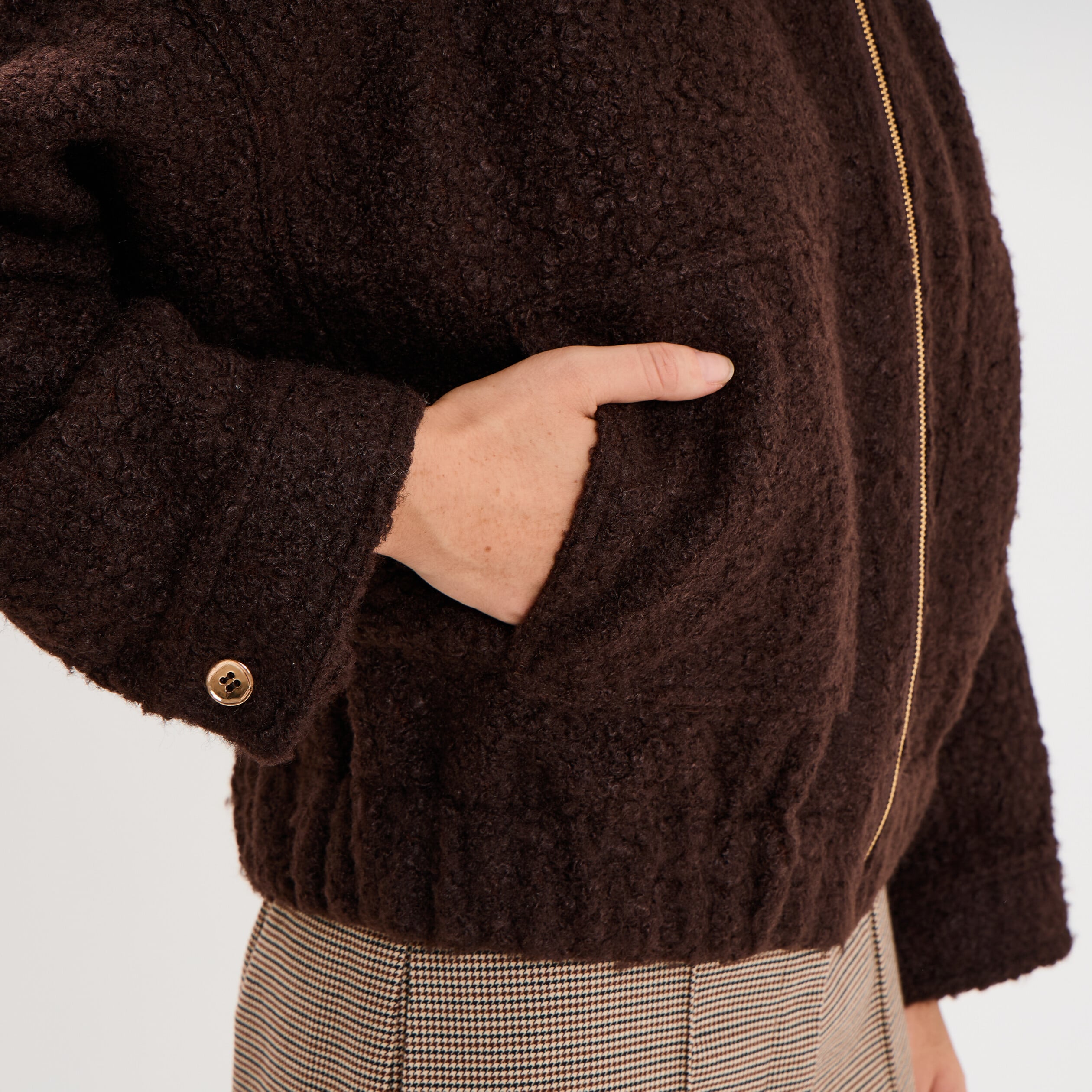 Veste bouclette oversize col tailleur marron fonc&eacute; femme