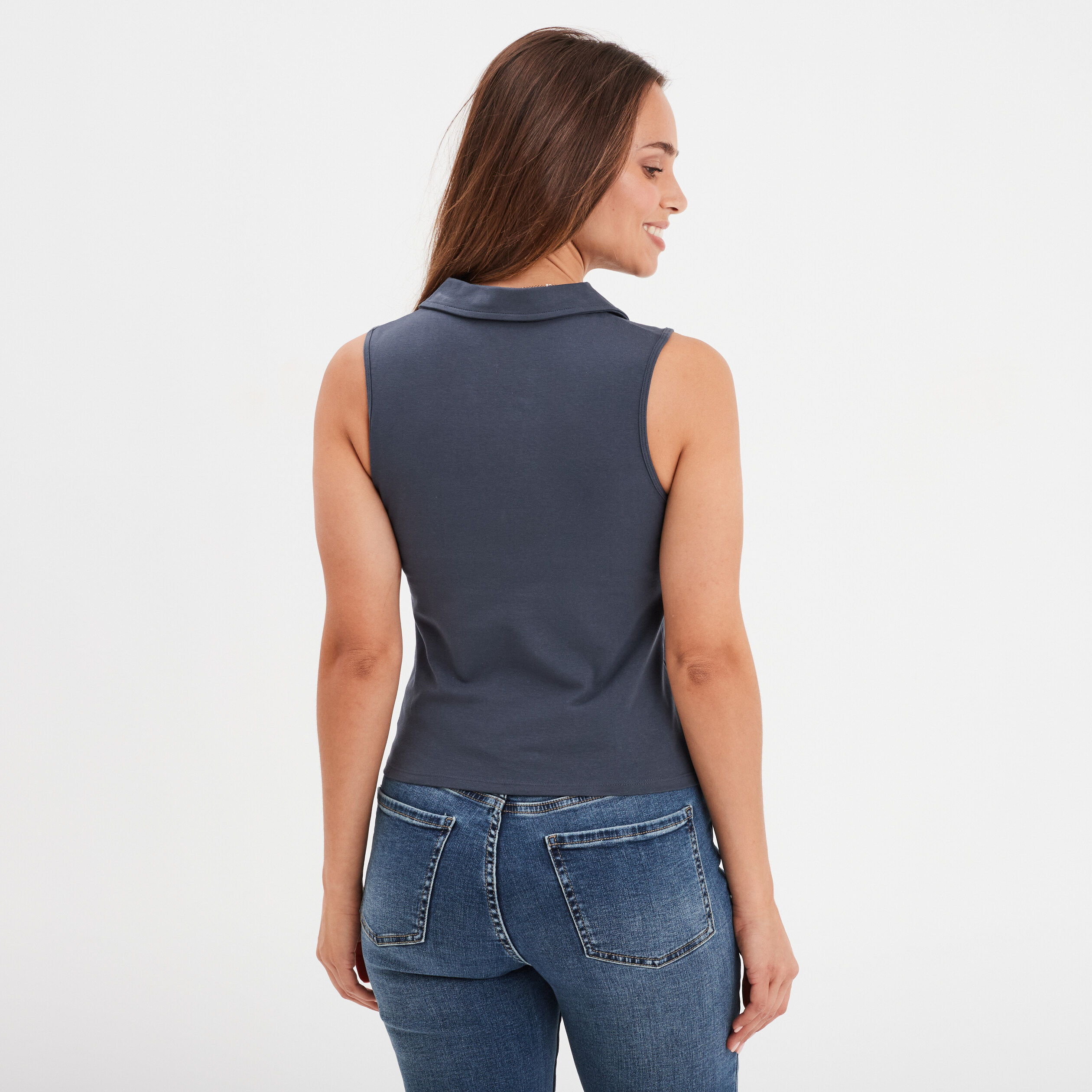 t shirt coton sans manches col polo bleu gris femme T-shirt coton sans manches col polo bleu gris femme