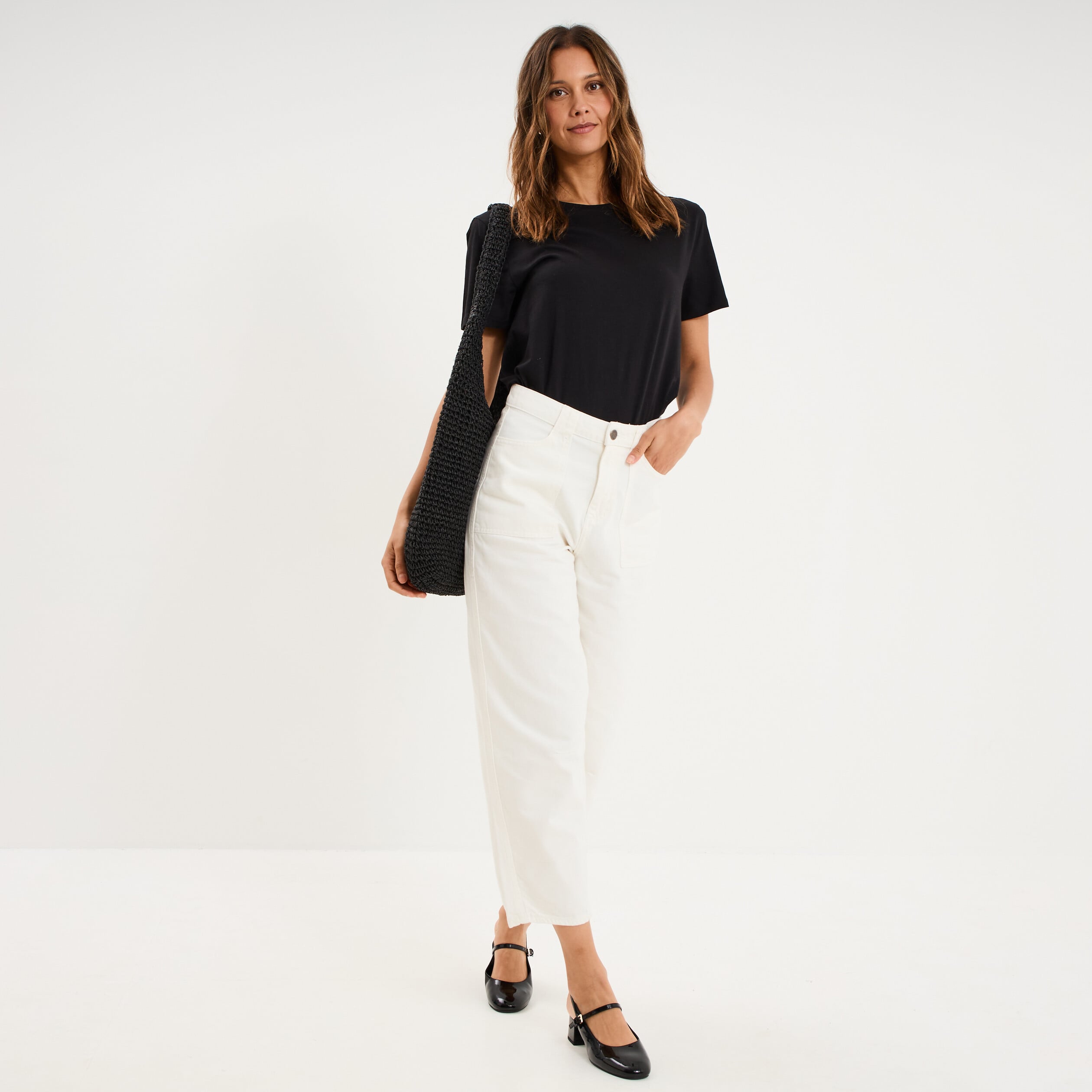 Pantalon balloon 7/8&egrave;me coton ecru femme