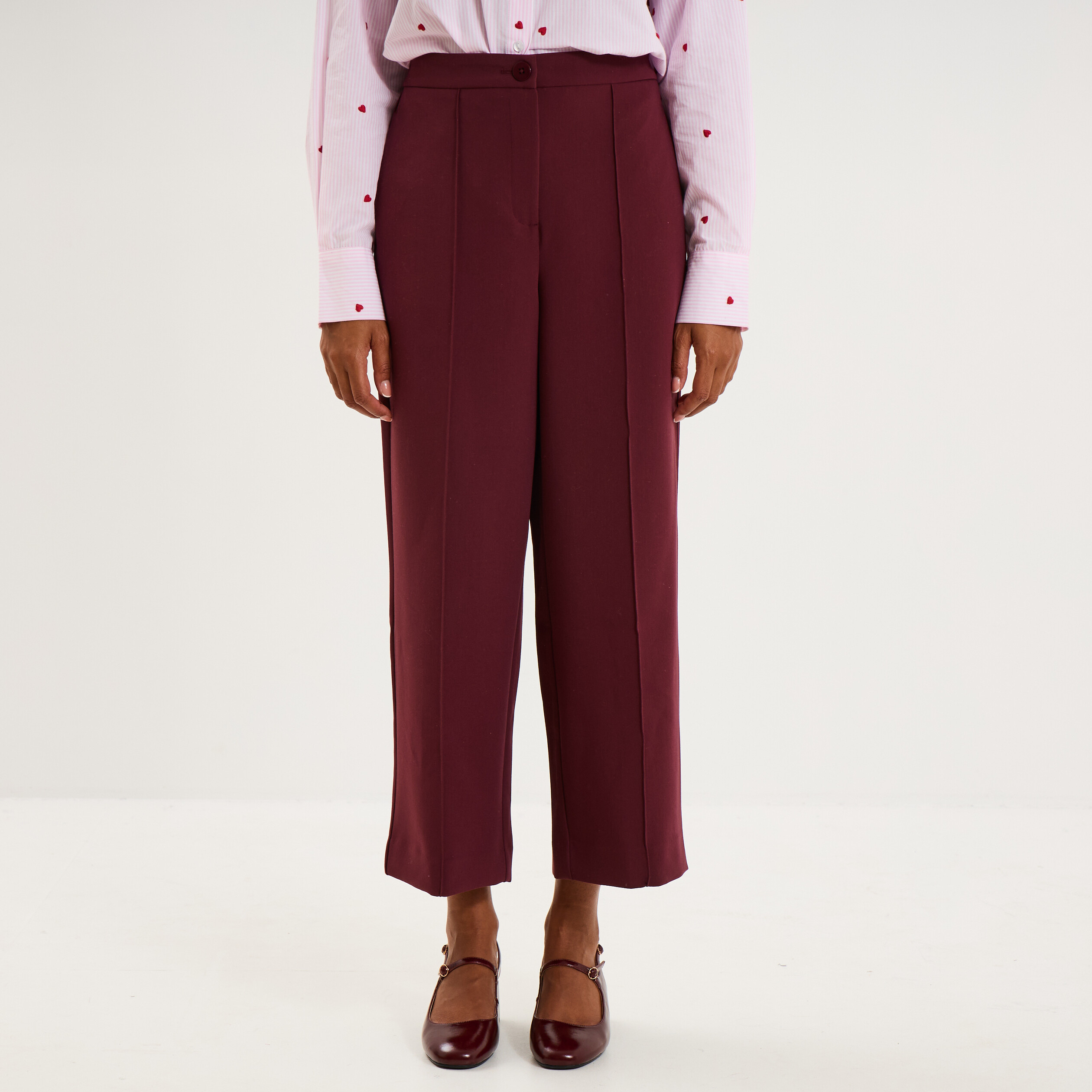Pantalon droit cropped taille haute violet fonc&eacute; femme