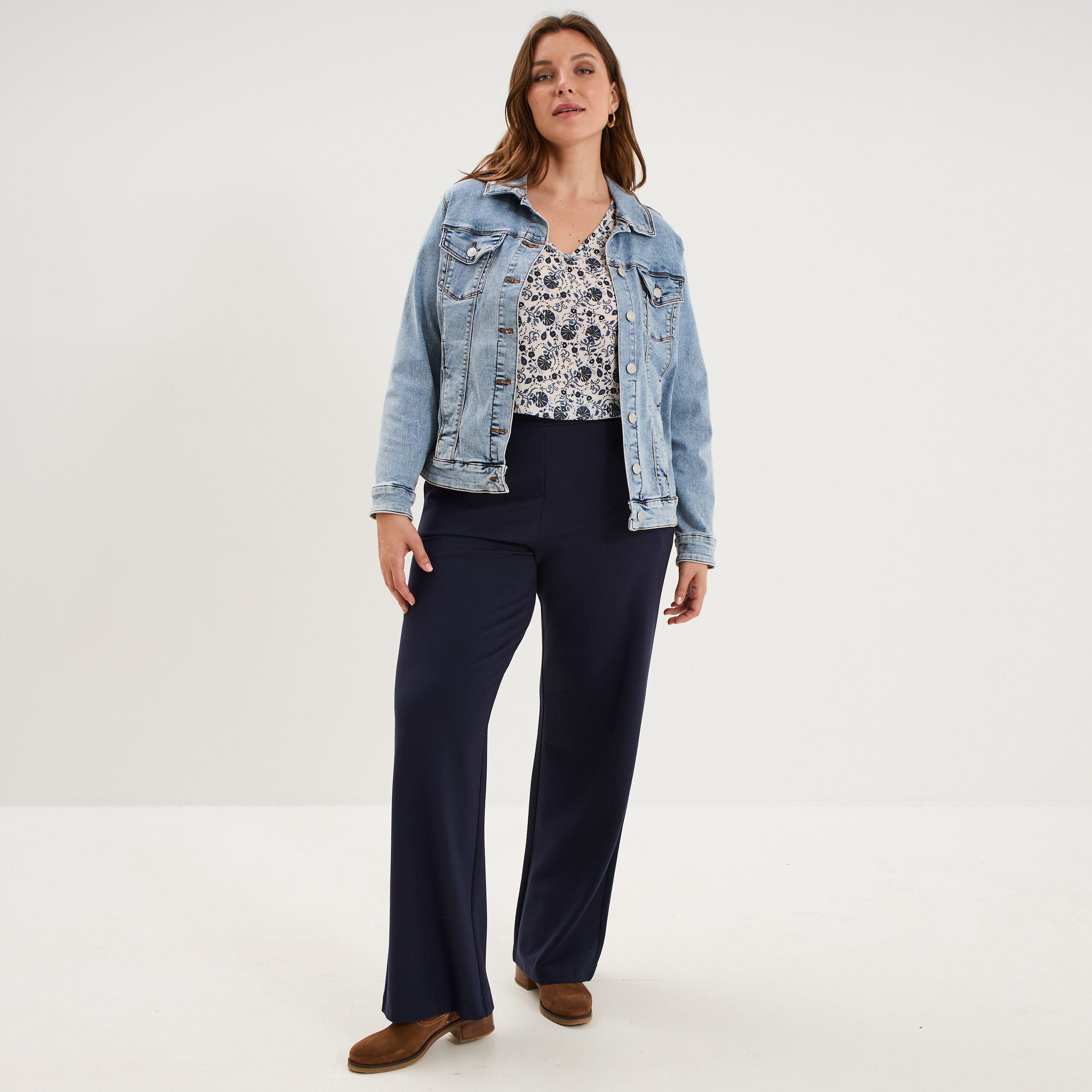 Pantalon large taille haute bleu fonc&eacute; femme grande taille