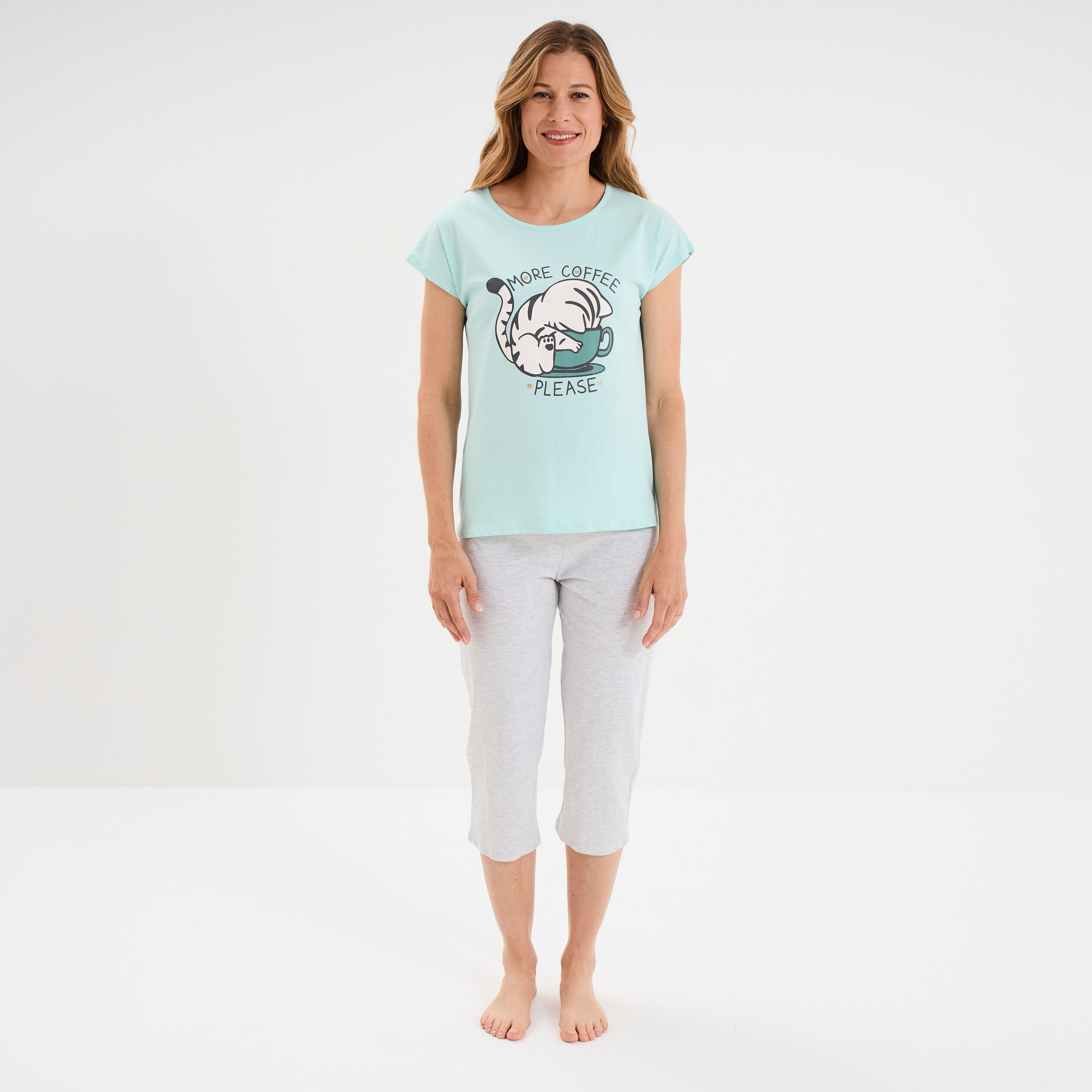 ensemble pyjama corsaire t shirt coton bleu turquoise femme Ensemble pyjama corsaire t-shirt coton bleu turquoise femme