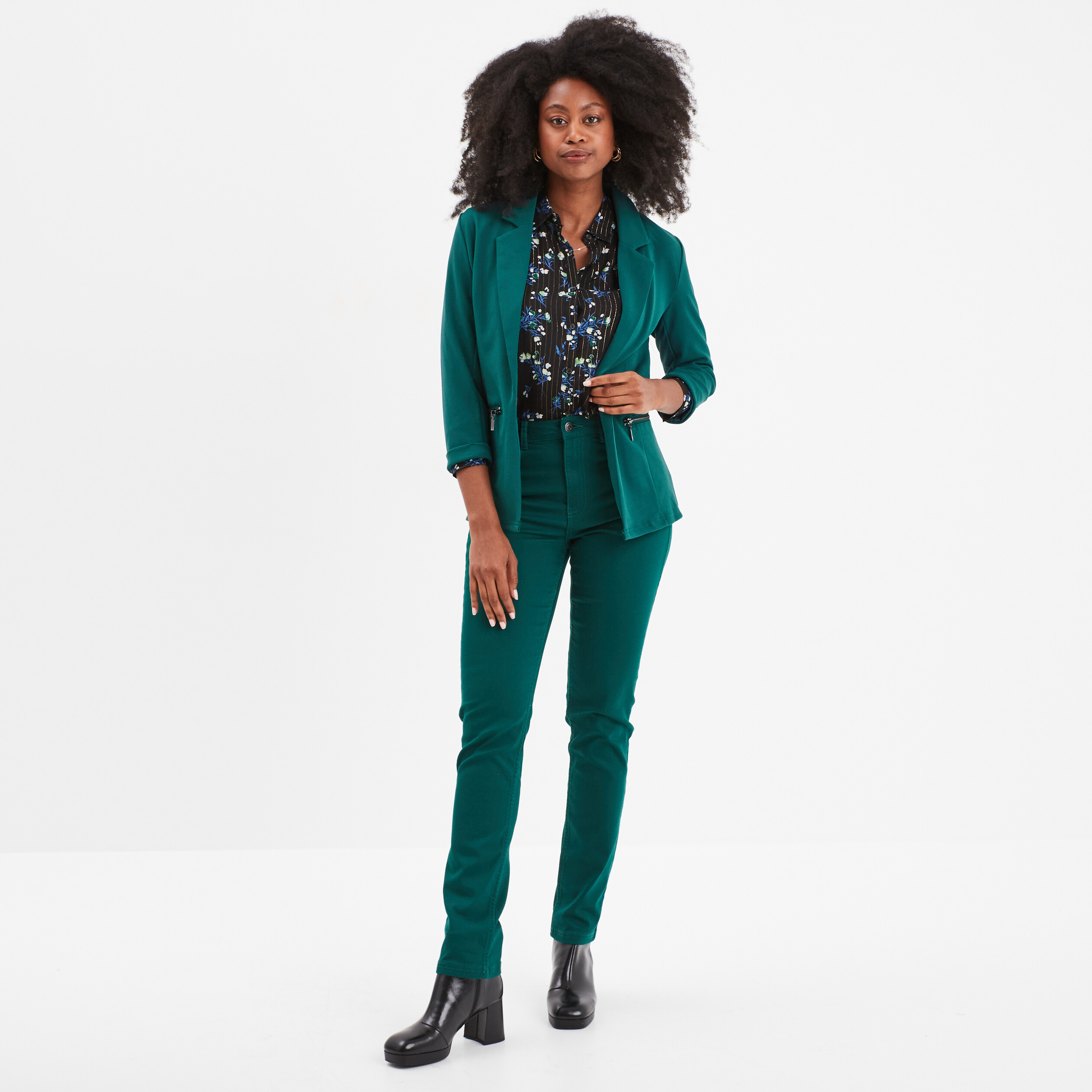 Veste blazer cintre manches 3 4 vert canard femme