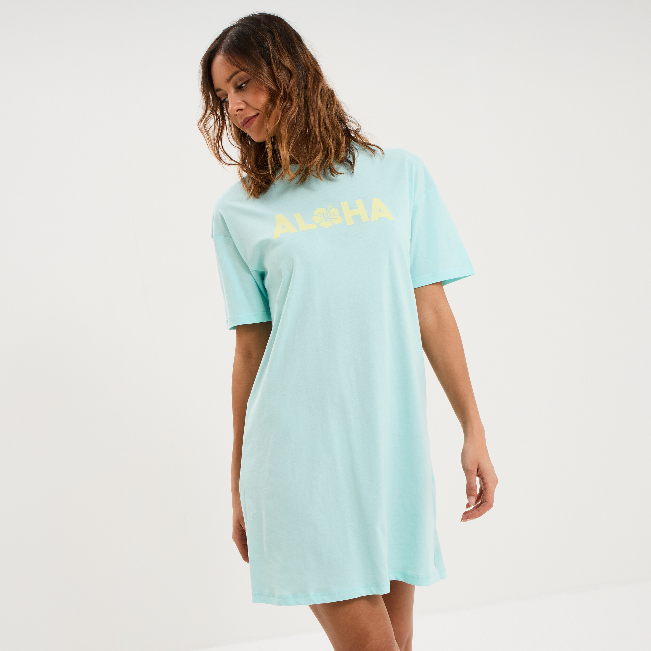 Chemise de nuit manches courtes coton bleu turquoise femme
