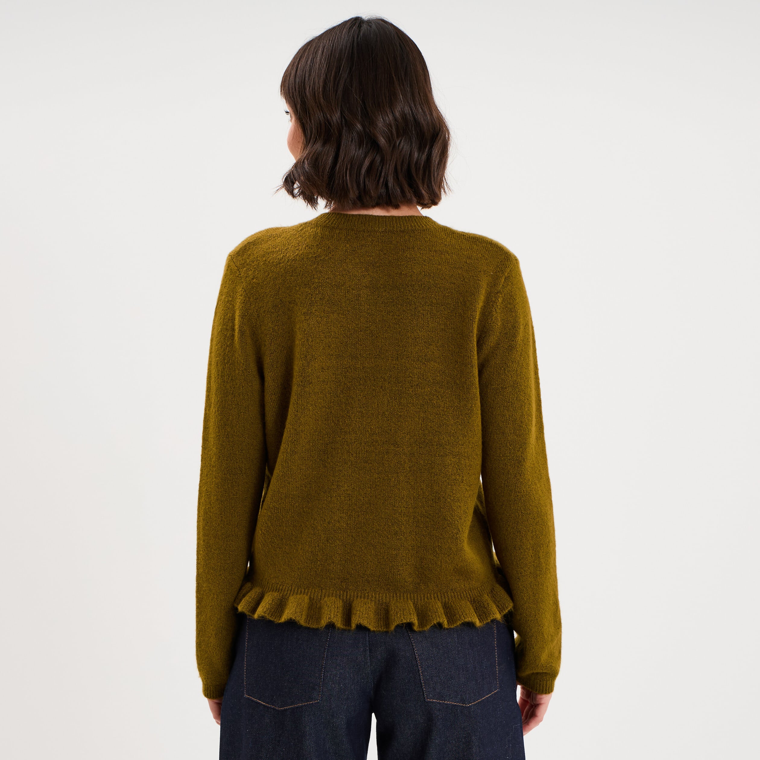 Gilet col rond &agrave; volants boutonn&eacute; vert olive femme