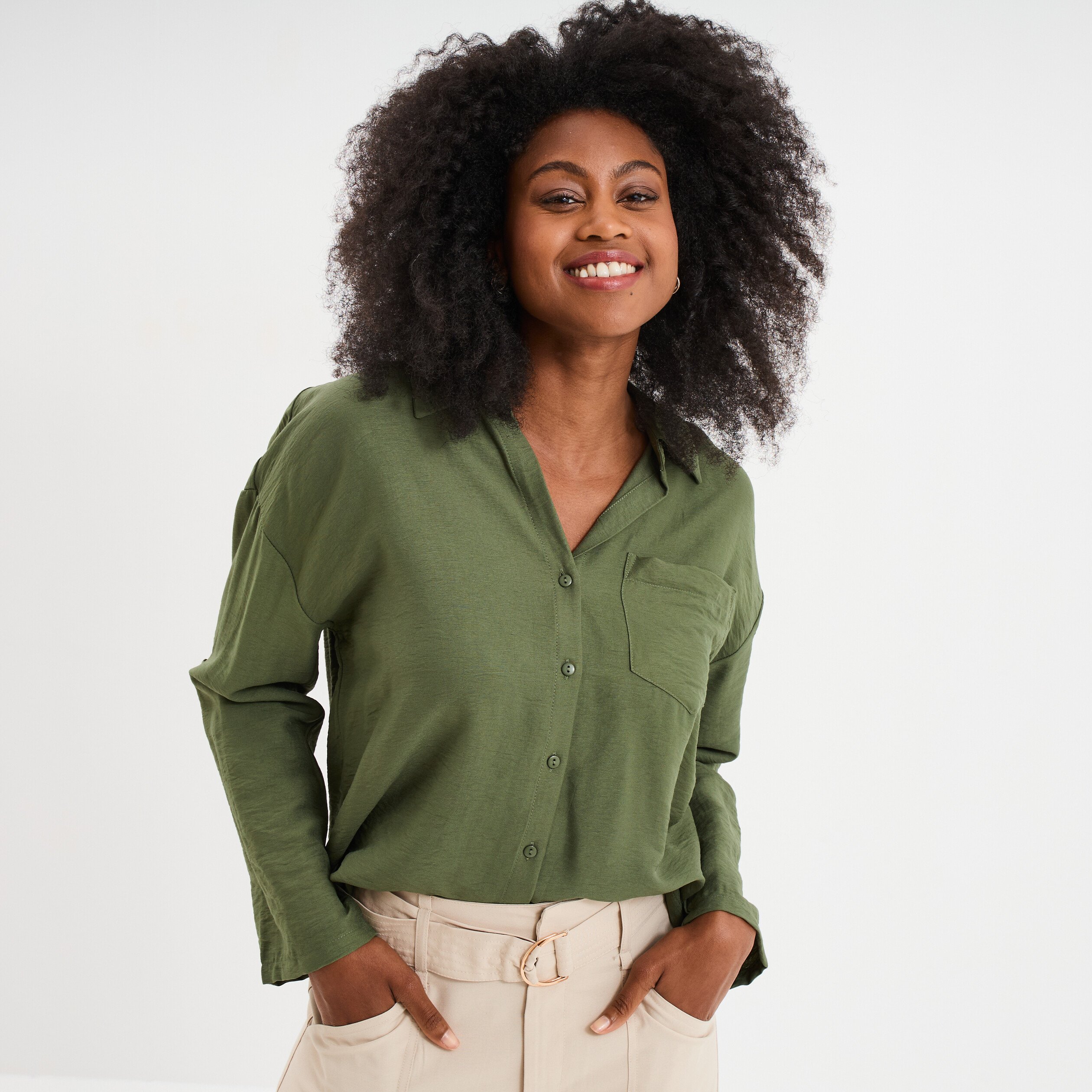chemise manches retroussables vert kaki femme Chemise manches retroussables vert kaki femme