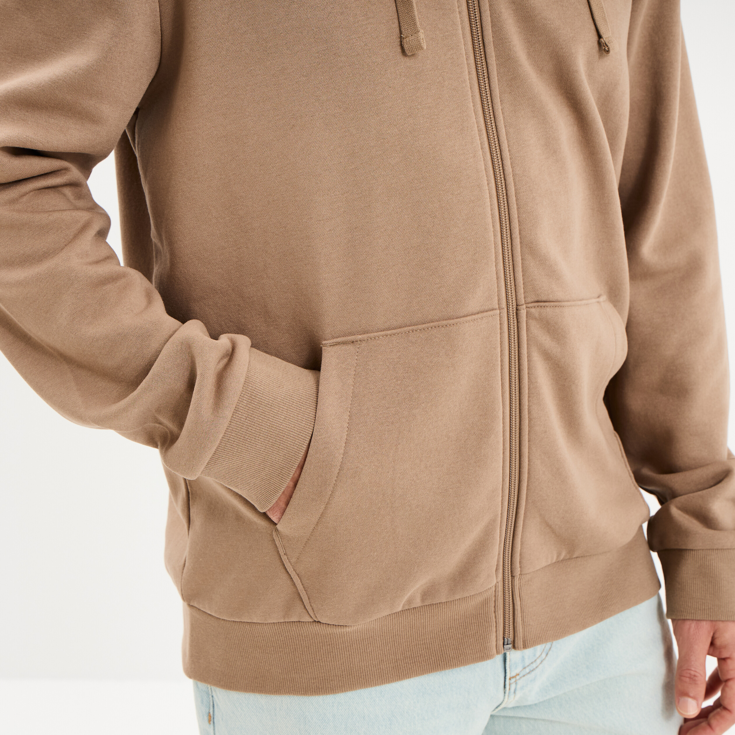 Sweat zipp&eacute; molleton &agrave; capuche taupe homme