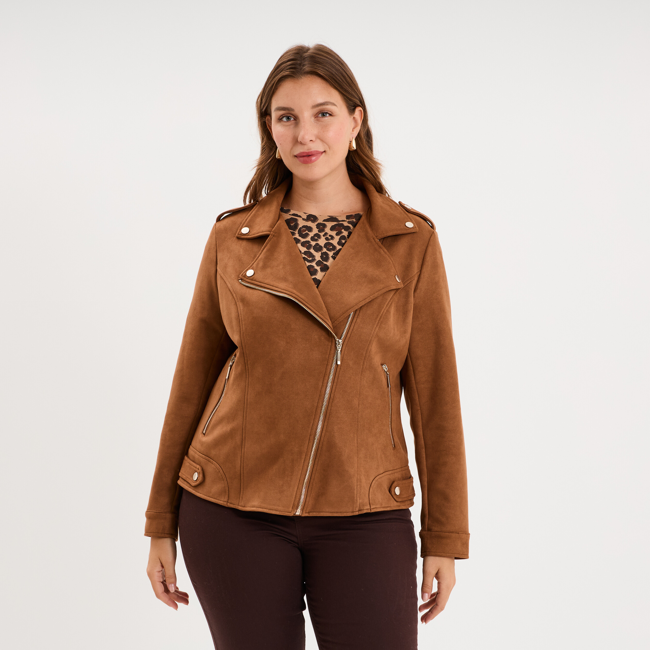 Blouson zipp&eacute; effet su&eacute;dine style biker camel femme grande taille