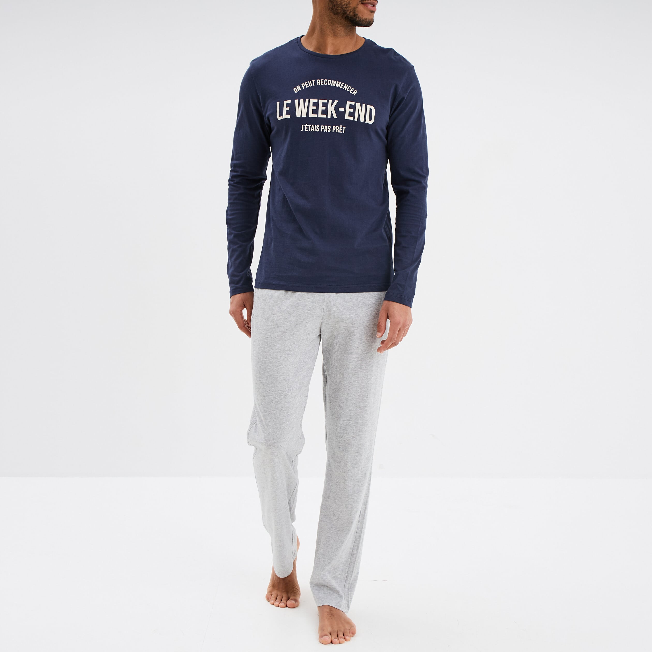 Ensemble pyjama pantalon 2 pi&egrave;ces coton bleu marine homme