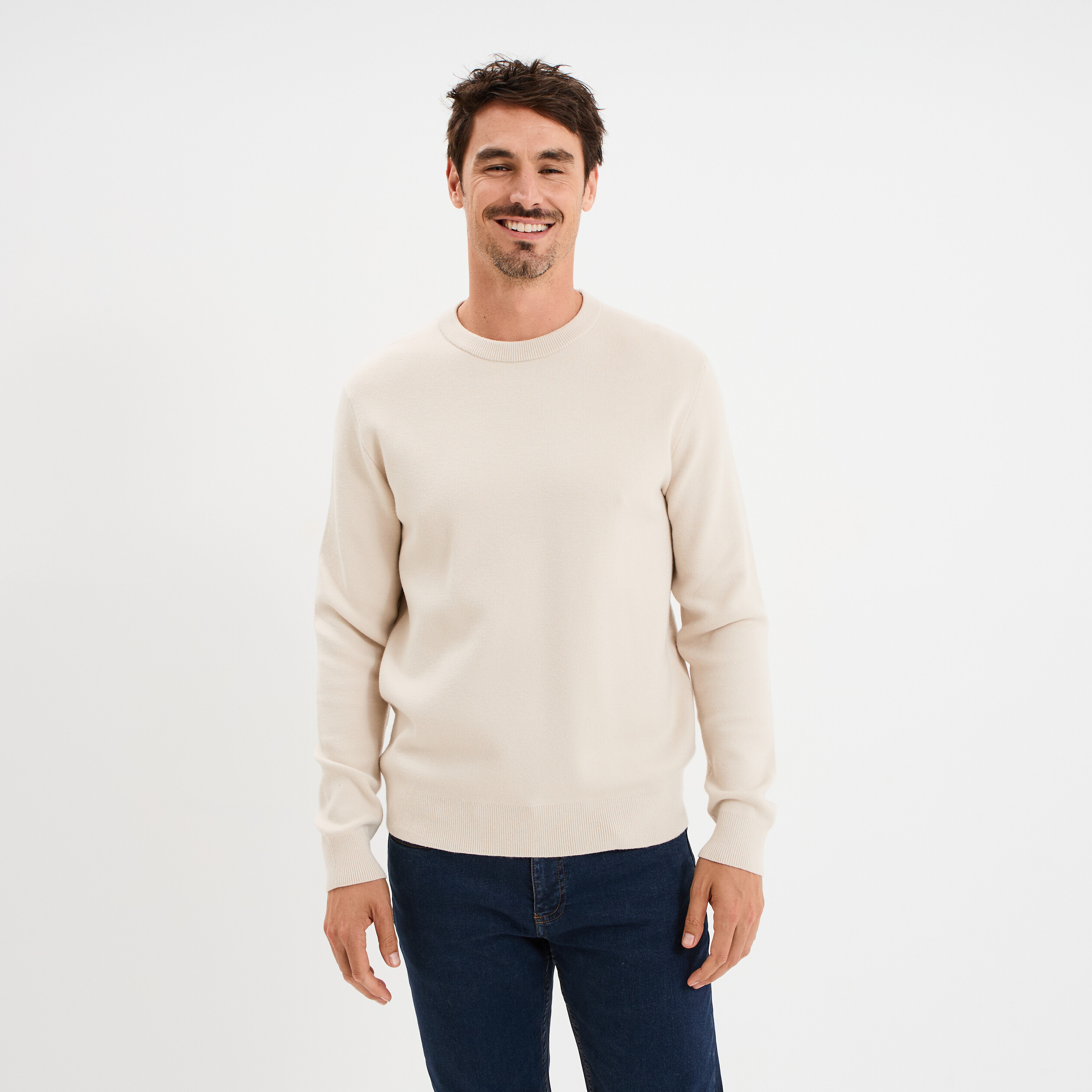 Pull col rond manches longues beige homme