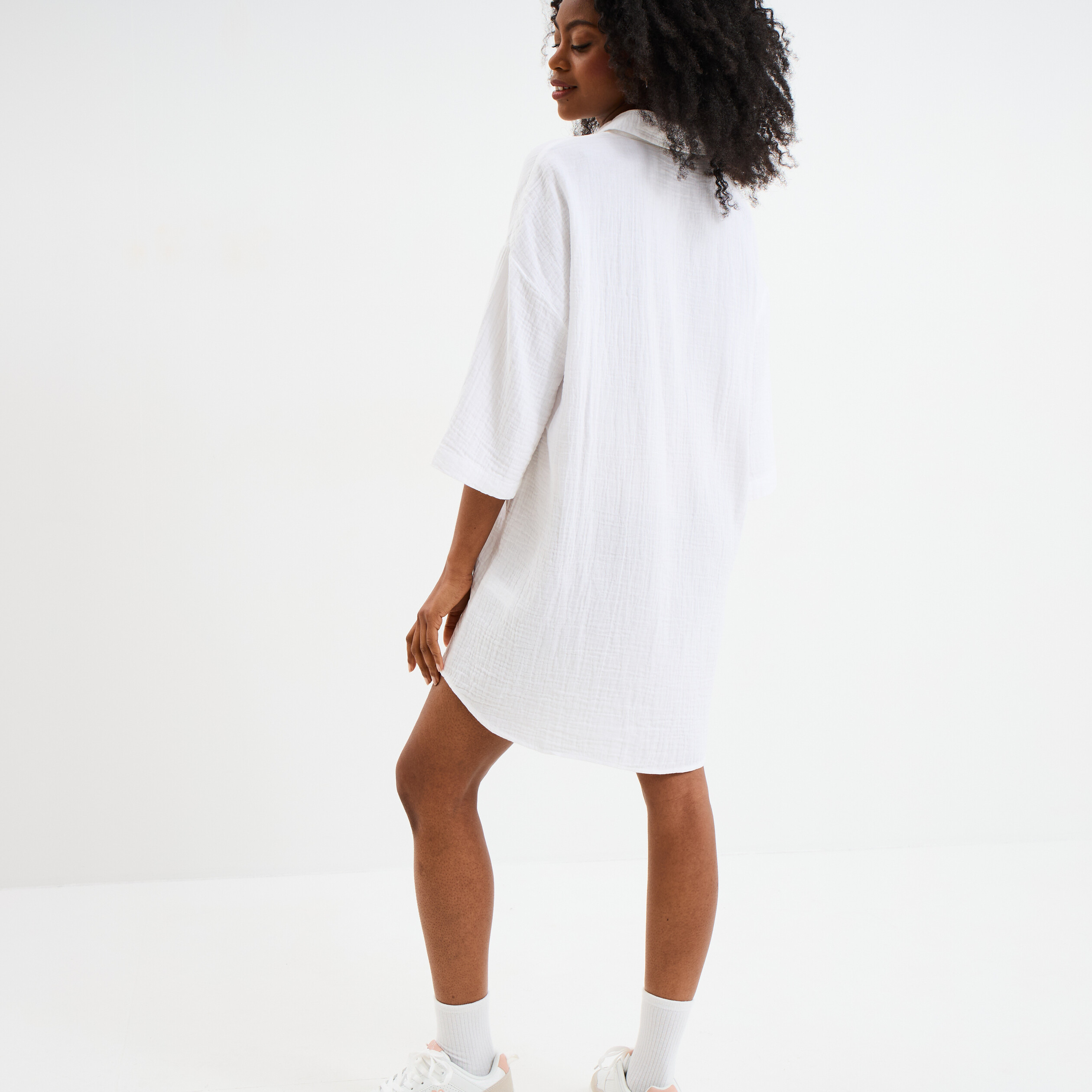 robe chemise manches 34 gaze de coton blanc femme Robe chemise manches 3/4 gaze de coton blanc femme