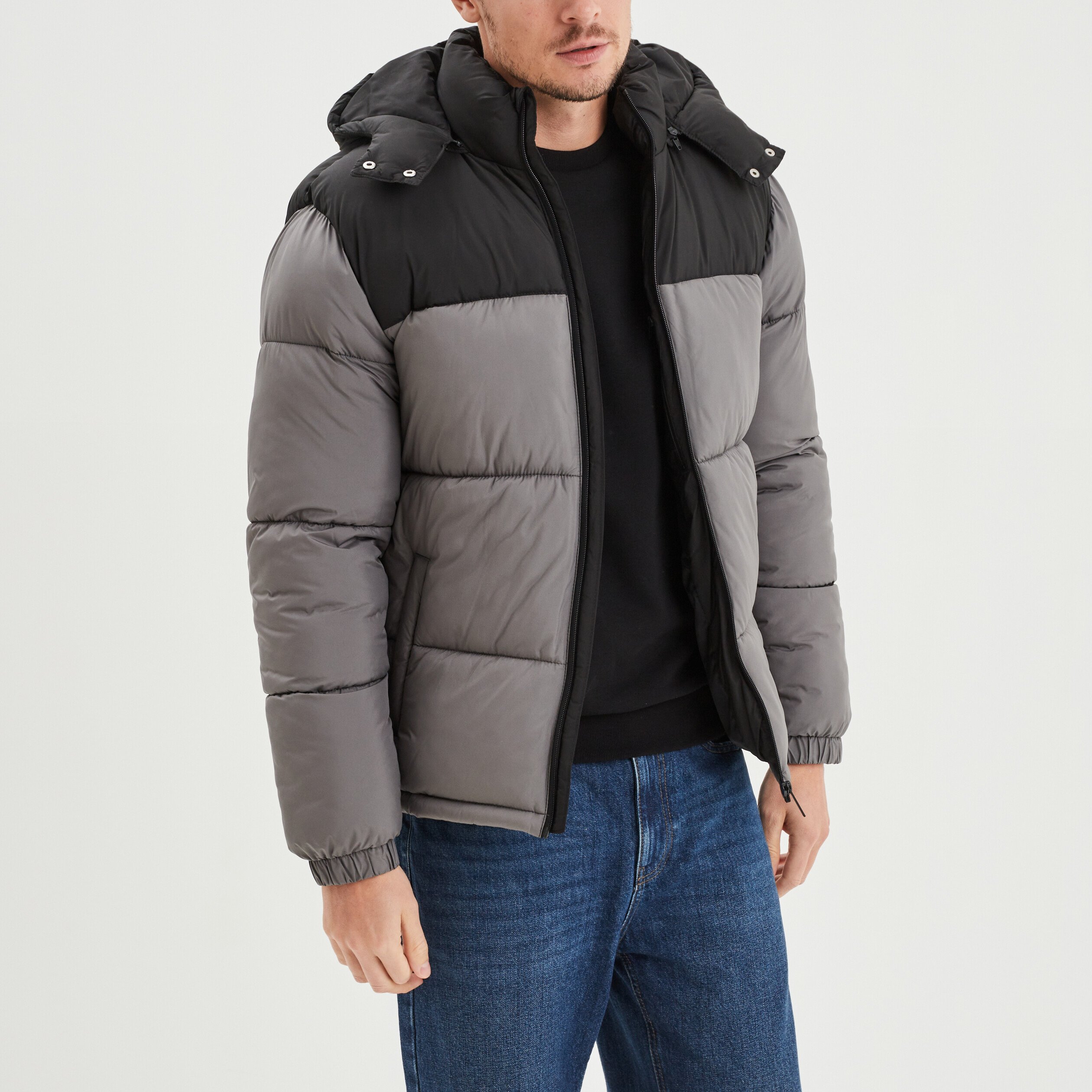 Doudoune zippée à capuche amovible gris homme