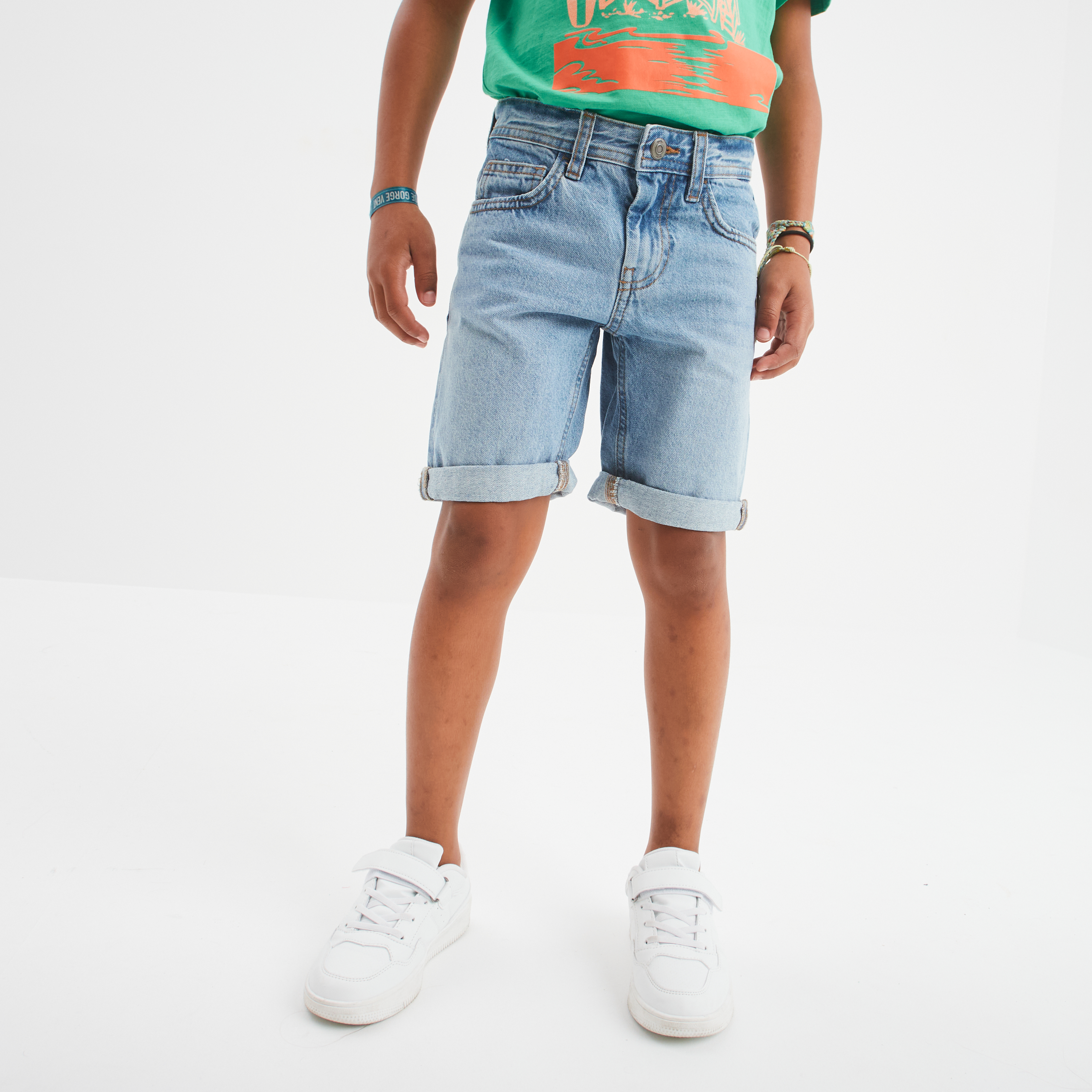 Bermuda jean straight taille élastique denim triple stone garçon