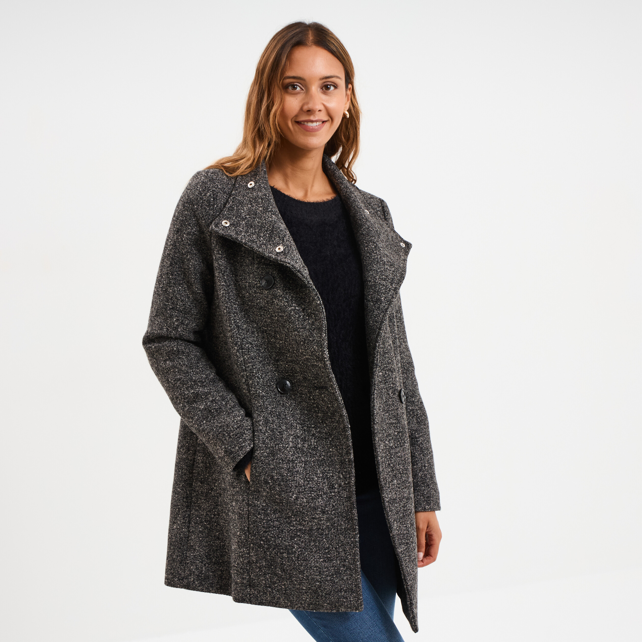Manteau droit mi-long col montant doublé gris foncé femme La Halle