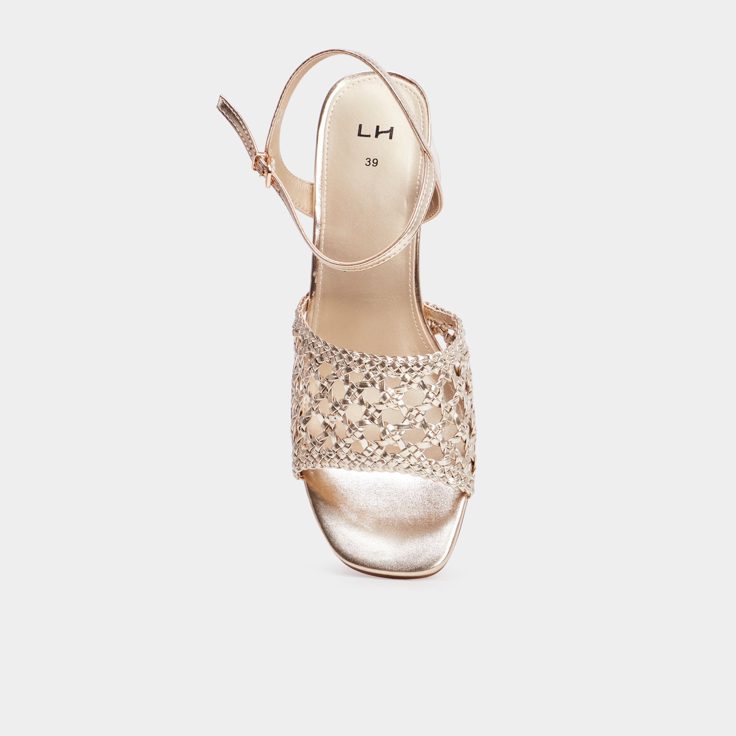 Sandales à talons métallisées tressées jaune or femme