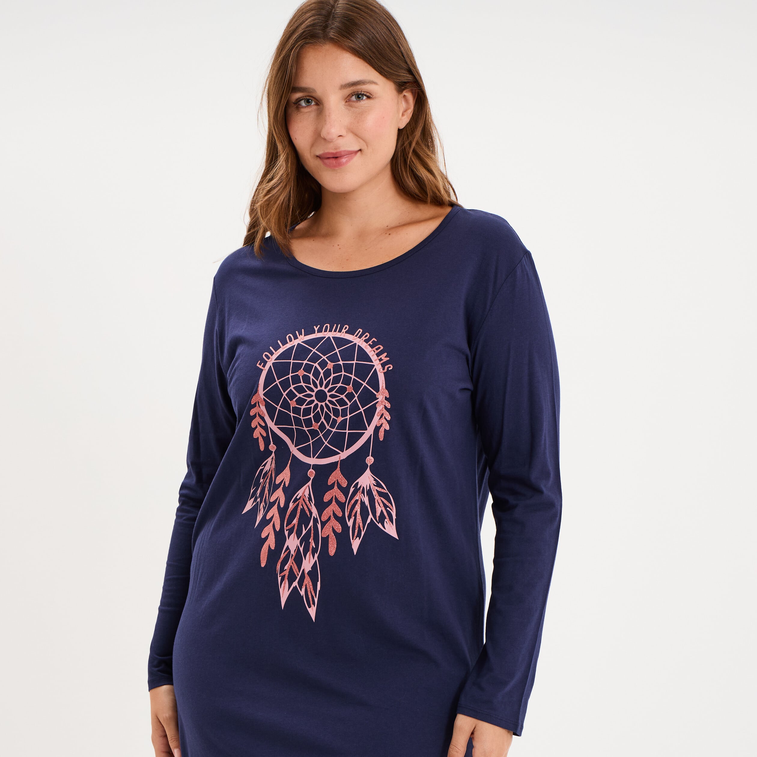 Chemise de nuit courte manches longues bleu marine femme grande taille