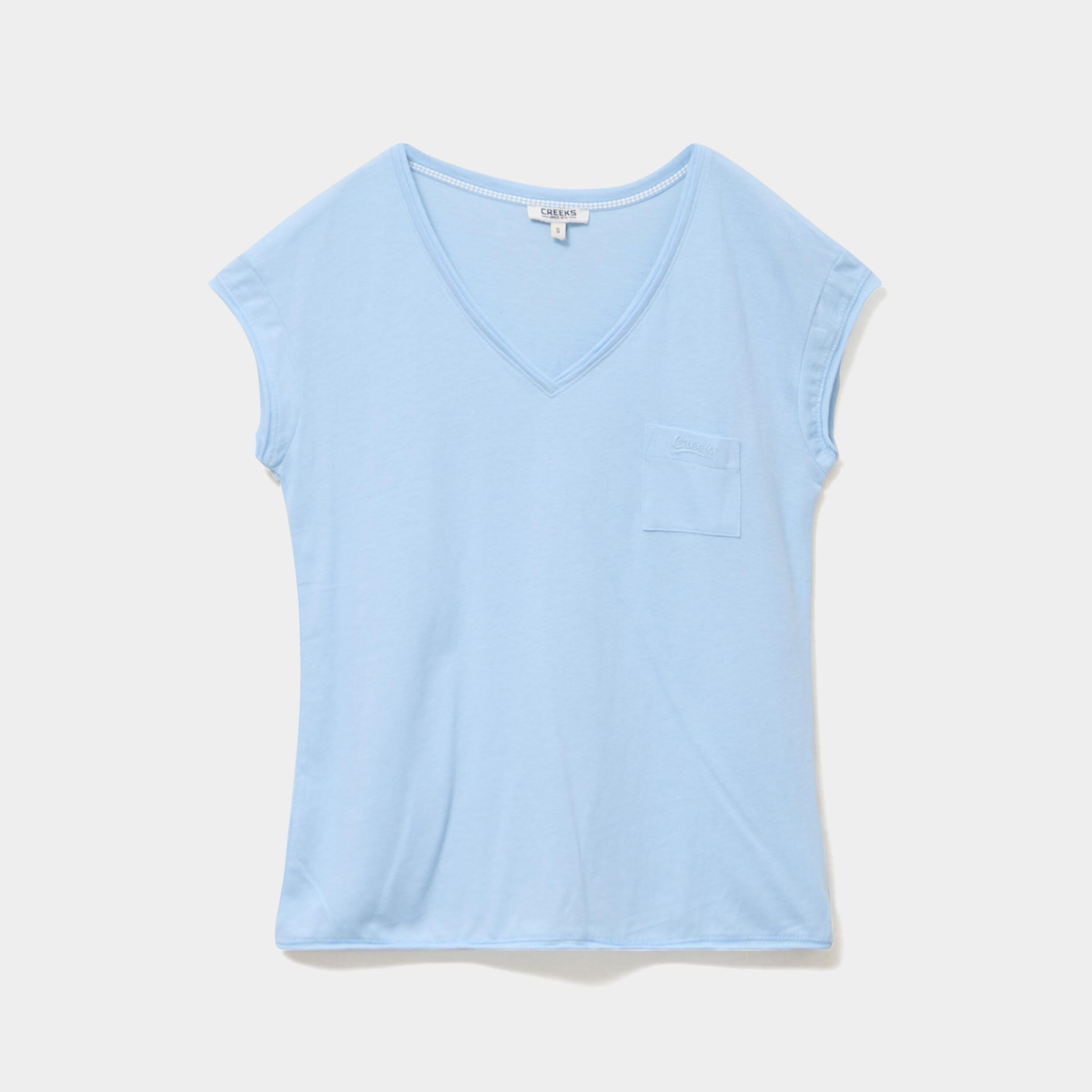 T-shirt col v poche poitrine bleu clair femme