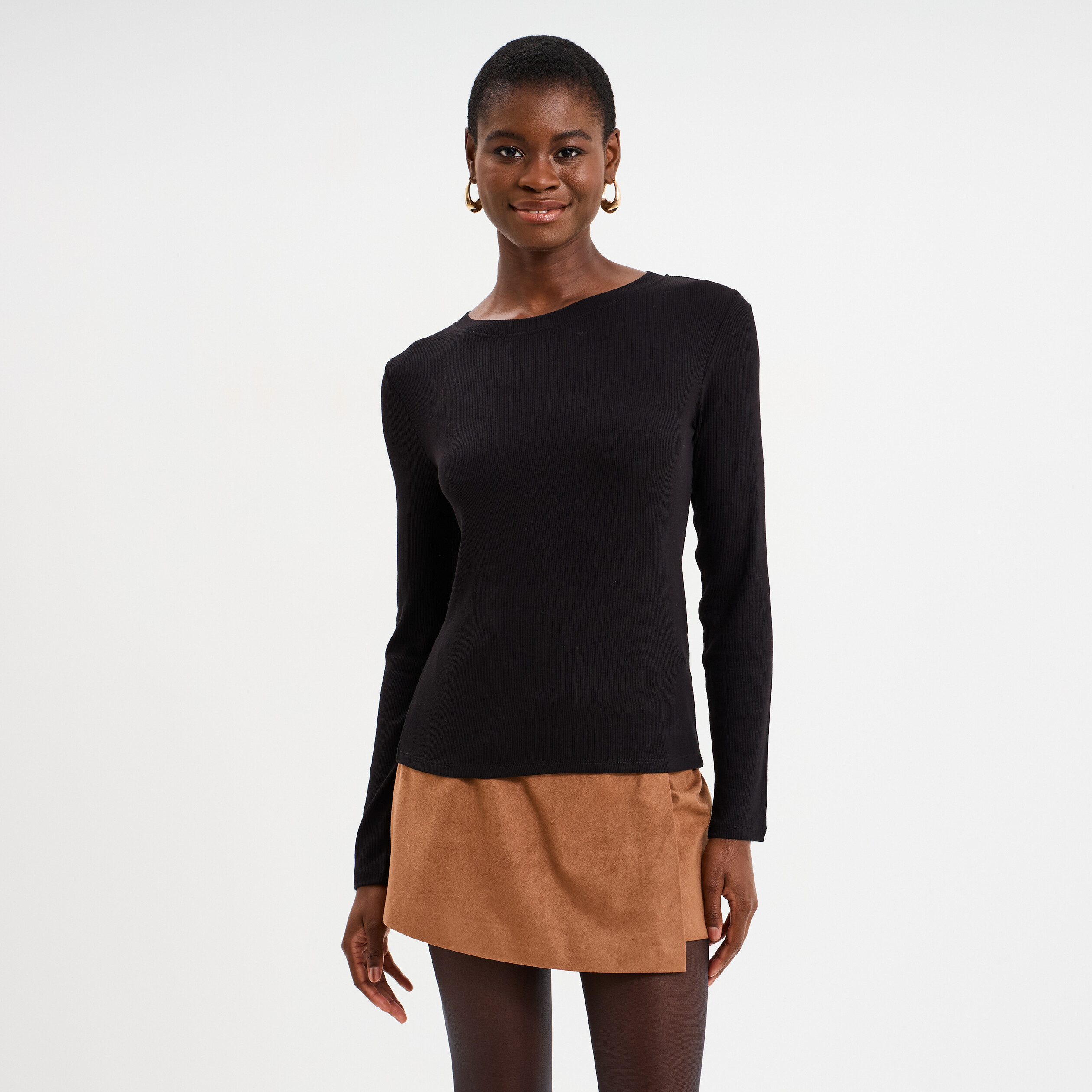 t shirt col rond manches longues noir femme T-shirt col rond manches longues noir femme