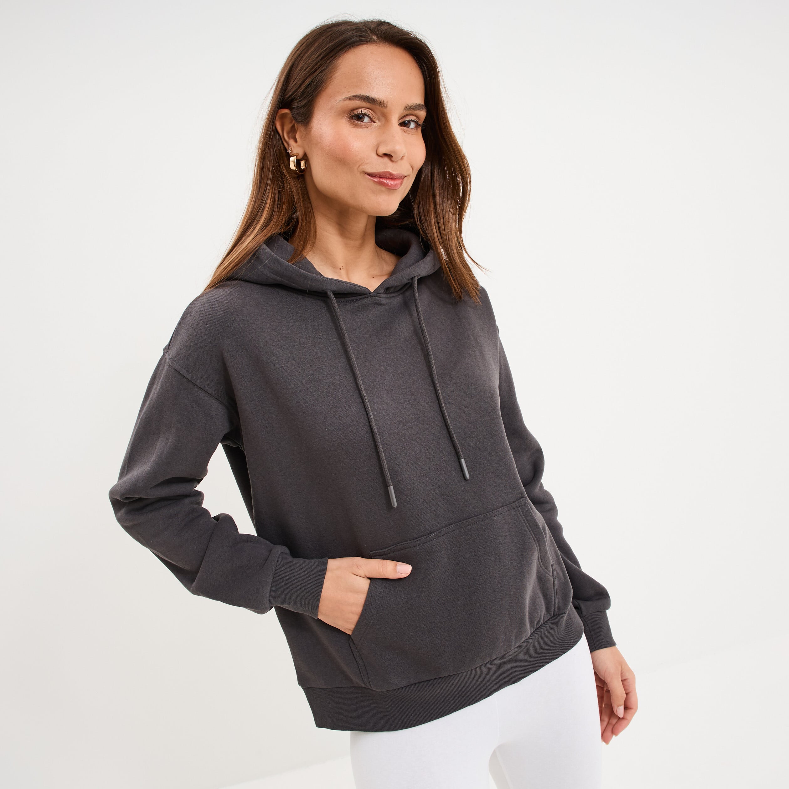 Sweat hoodie molleton &agrave; capuche gris fonc&eacute; femme
